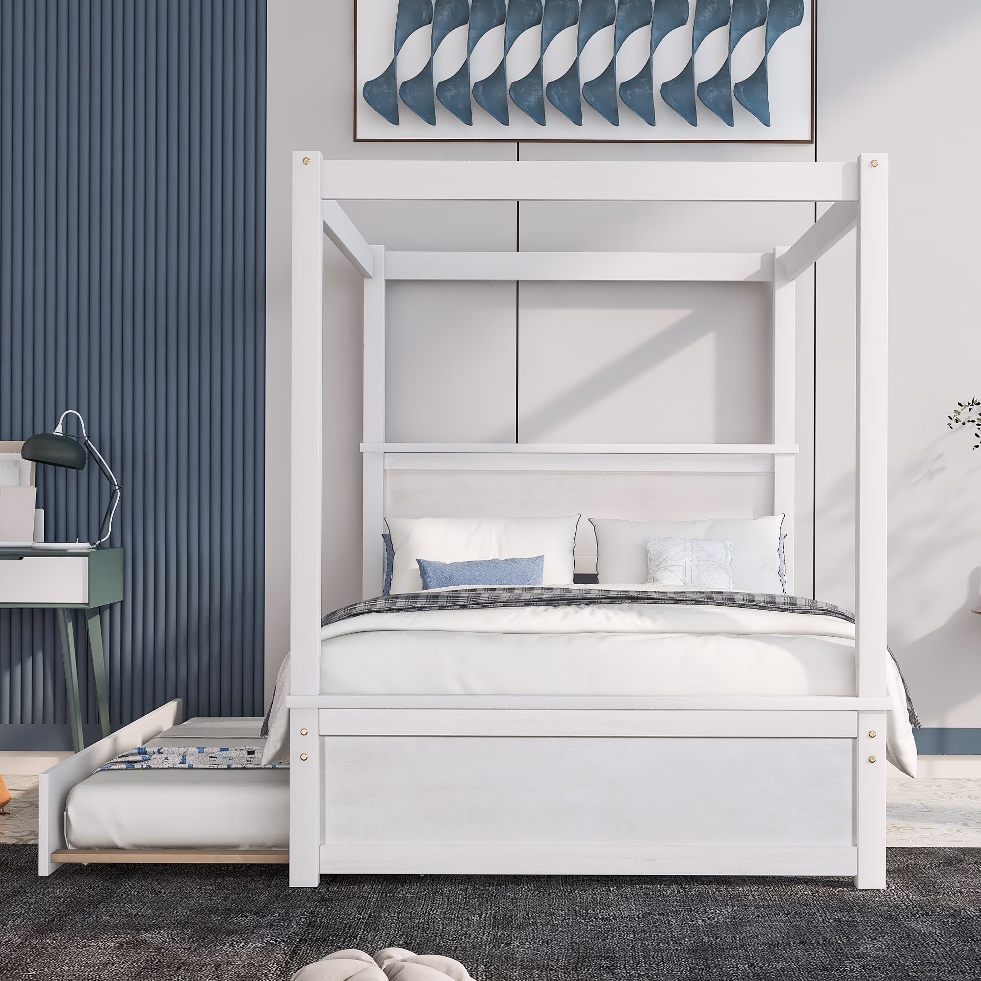Dcenta Wood Canopy Bed with Trundle Bed ,Full Size Canopy Platform bed With Support Slats .No Box Spring Needed, White
