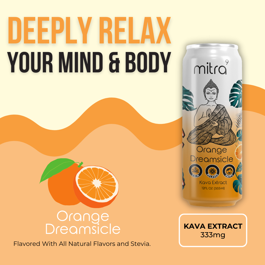 Mitra-9 Botanical Beverages - Plant Based Sparkling Drink with Kava Root Extract - Mood Enhancer - Promotes Natural Calm & Clarity (12 Fl. Oz) (Orange-Dreamsicle 24 Pack)