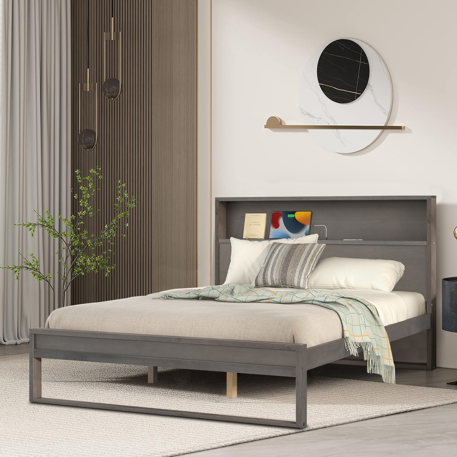 Classic Minimalist Style Queen Size Wood Platform Bed with Storage Headboard, Antique Gray