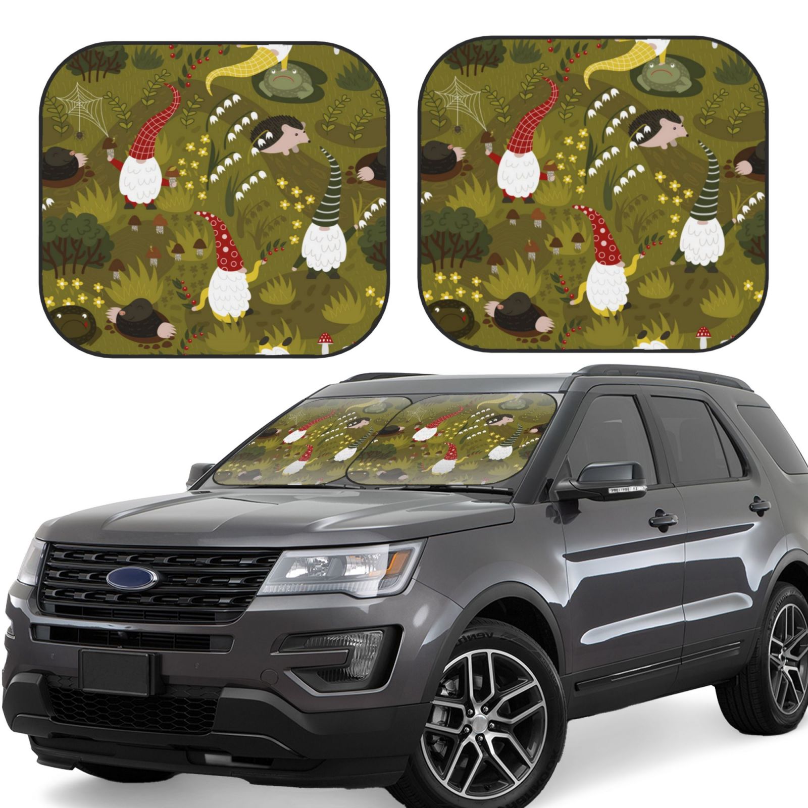 Lukts Gnomes Playing In The Garden Print 2 Piece Car Sun Shade Windshield,Foldable Car Shade Front Windshield With Keeps Your Vehicle Cool, For Most Sedans Suv And Trucks - Small