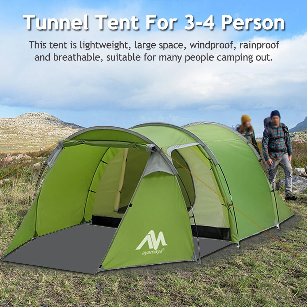 HOMEYA 3-4 Person Dome Camping Tent With Vestibule, 2 Room, Double Layer, Family Tunnel Tent, Green