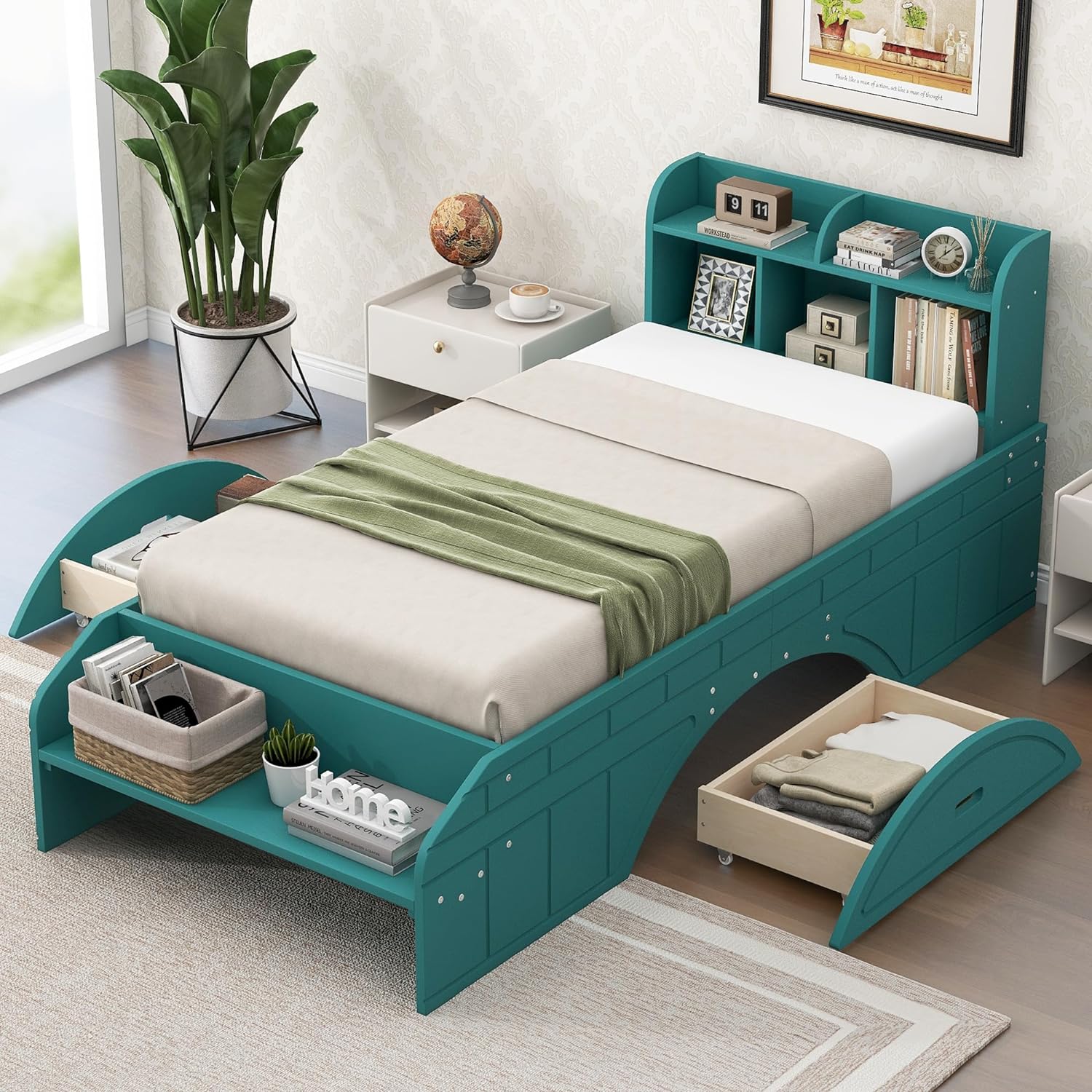 Wood Bed With Bookcase Headboard, Size Platform Bed Frame With 2 Drawers, Storage Headboard And Footboard, No Box Spring Needed, Green