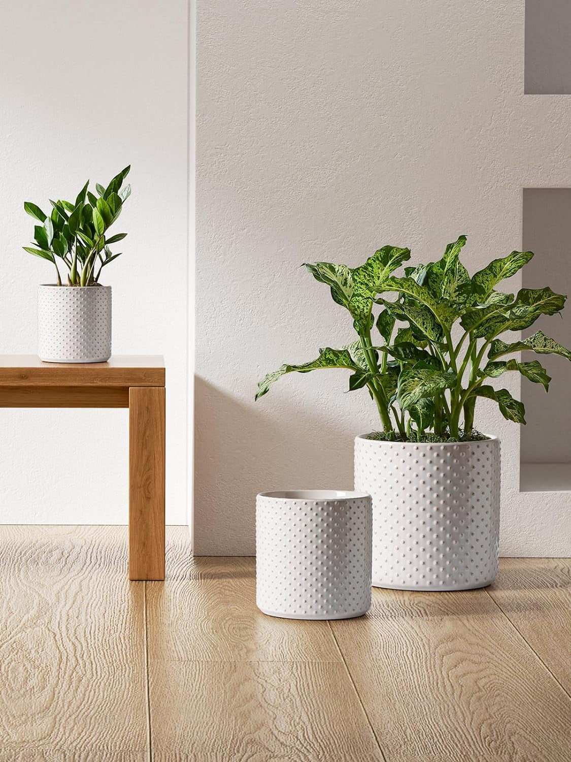 BEMAY 6/8/10 Inch Ceramic Plant Pots, Boho Ceramic Farmhouse Plant Pots with Drainage Hole and Saucer, Set of 3, Arctic White