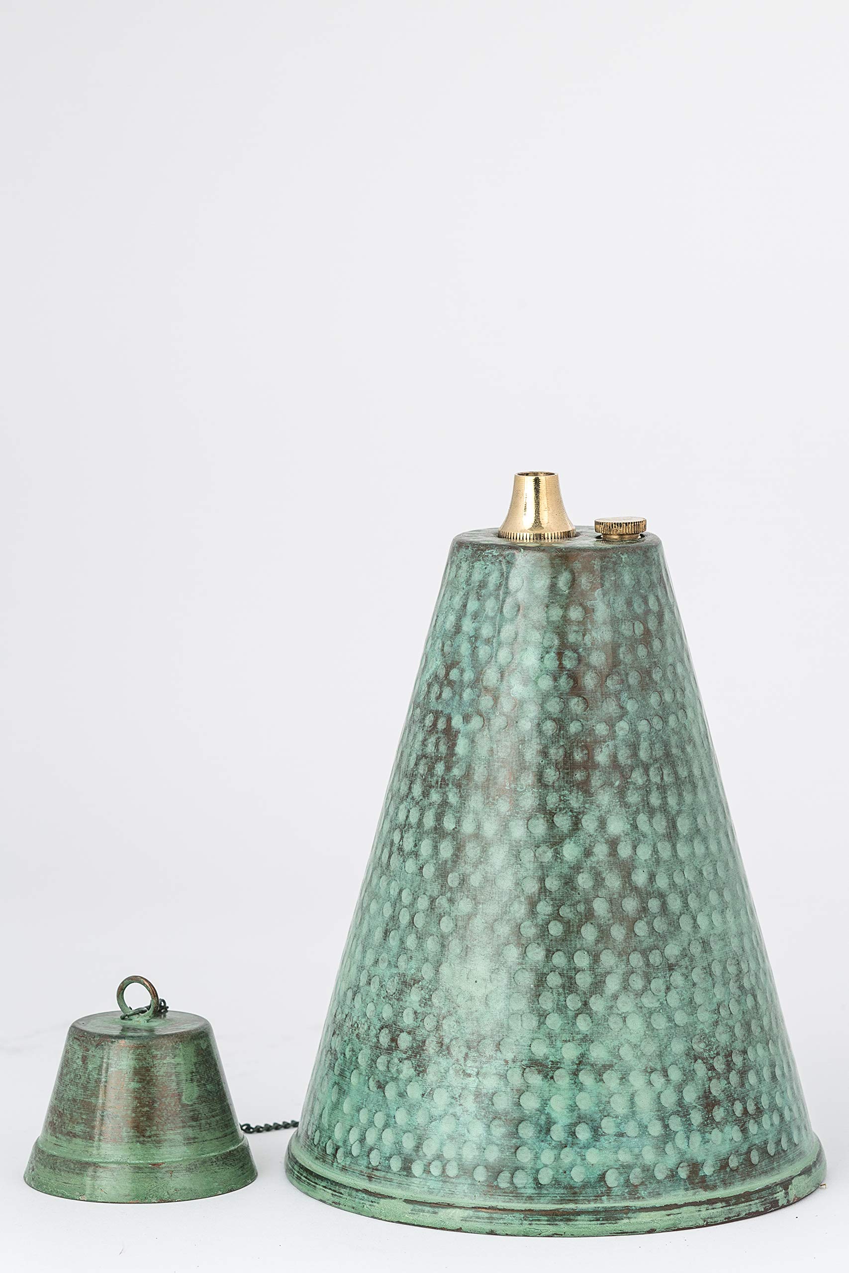 Hawaiian Cone Tabletop Oil Torch - Sophisticated Oil Lamp is Perfect as Centerpiece or Landscape Lighting - 60oz Bowl with Matching Snuffer and Fiberglass Wick, Set of 2 (Hammered Patina)