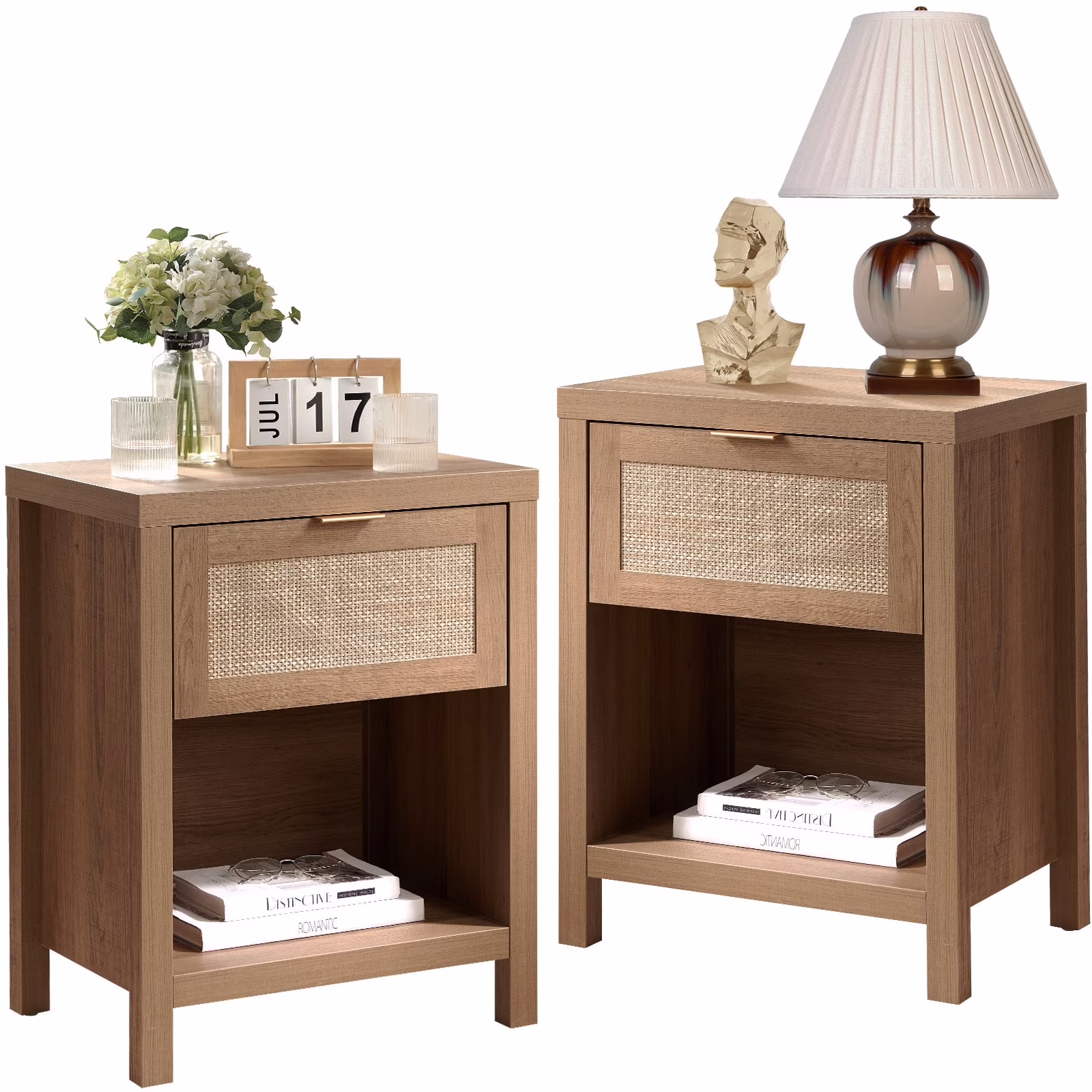 SICOTAS  Farmhouse Rattan Nightstand Set of 2 with Drawer and Storage Shelf Oak