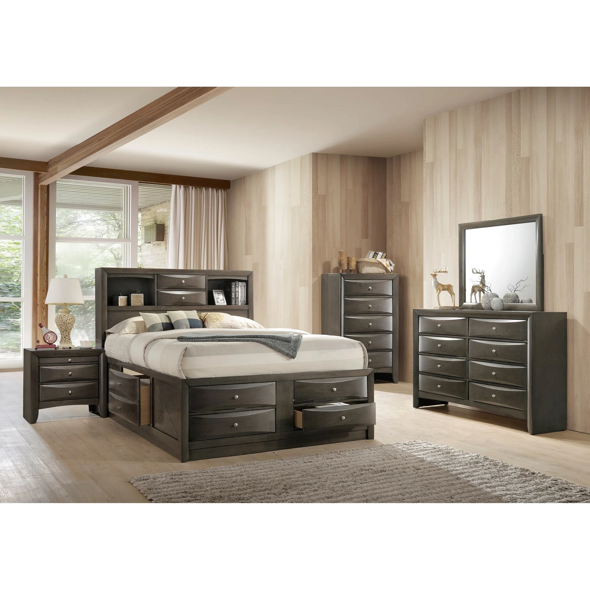 Contemporary Queen Size 6pc Master Bedroom Set Captains Bed Gray Finish Solid Wood Furniture