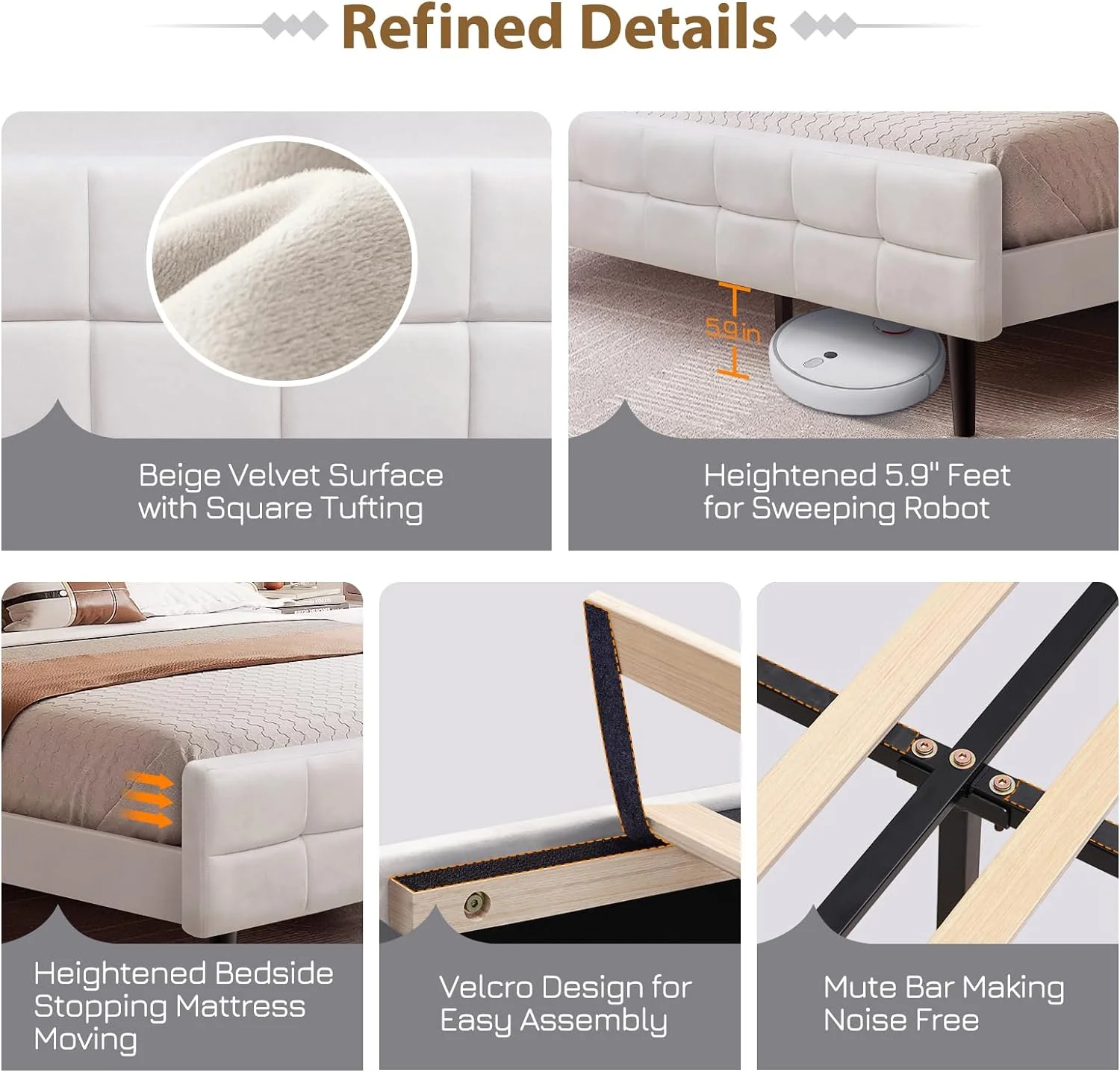 Upholstered Platform Bed Frame / Thickened Storage Headboard/ Mattress Foundation / Wood Slat Support / Easy Assembly, Full/Queen Size Beige