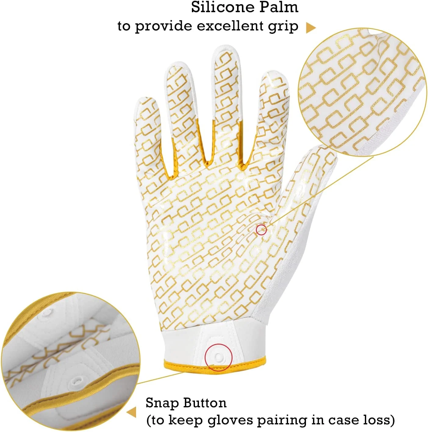 HANDLANDY Youth Football Gloves, Sticky Wide Receiver Gloves for Kids & Adult, White and Gold Stretch Fit Football Gloves, Large