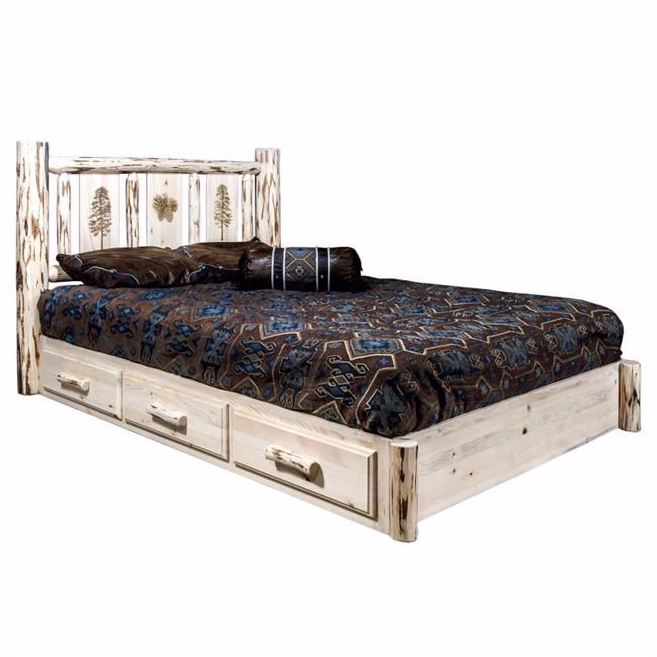 Montana Woodworks Wood King Platform Bed with Engraved Pine Design in Natural