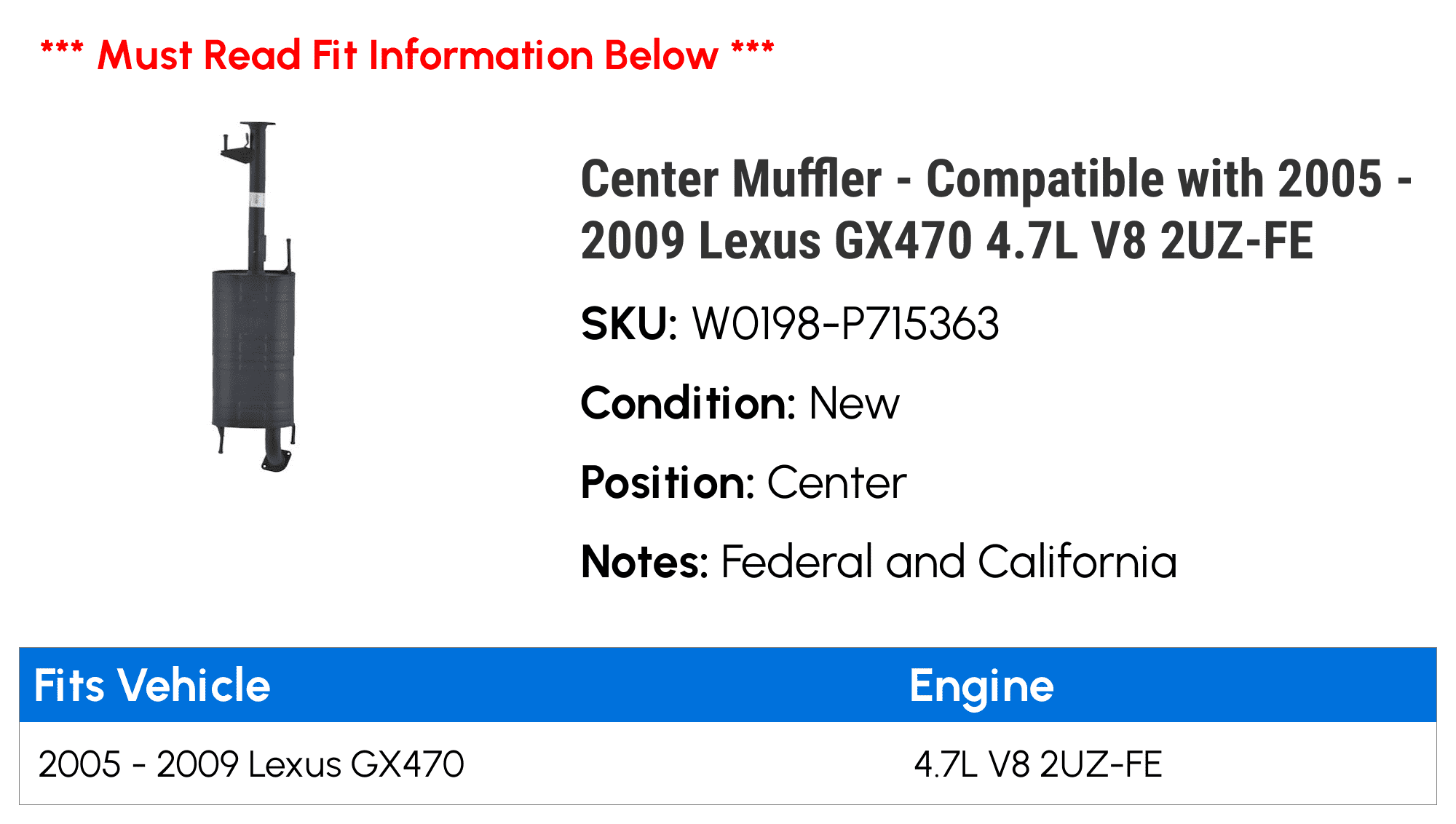 Center Muffler - Compatible with 2005 - 2009 GX470 4.7L V8 2UZ-FE 2006 2007 2008