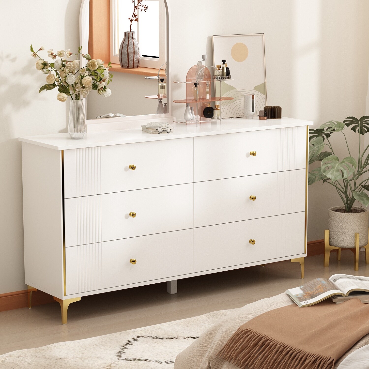 FUFU&GAGA White Lacquer Dresser 6 Drawer Dresser with Metal Handle and Legs White