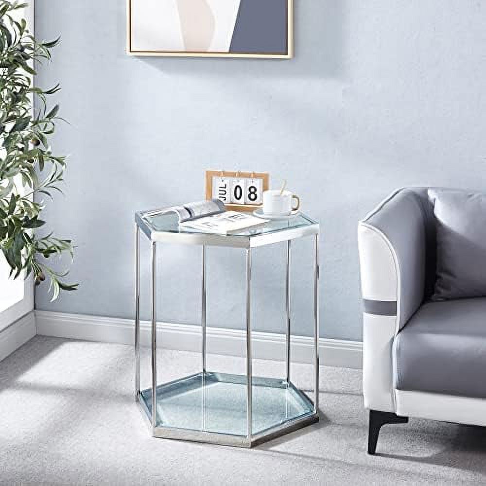 HOOMHIBIU Accent Glass End Table  20 inch Tempered Glass Sofa Side Table Square Table Small Coffee Table Bedside Corner Table with Stainless Steel Frame for Small Space/Living Room (Black