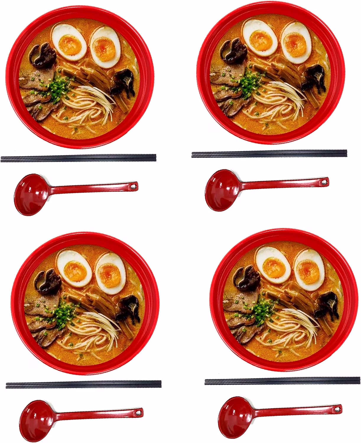 Oz Red And Black Large Melamine Japanese Ramen Noodle Soup Bowl Set Dishware For Udon Soba Pho Asian Noodles - D8 X H4, mes With Chopsticks And Spoons (4 Sets)
