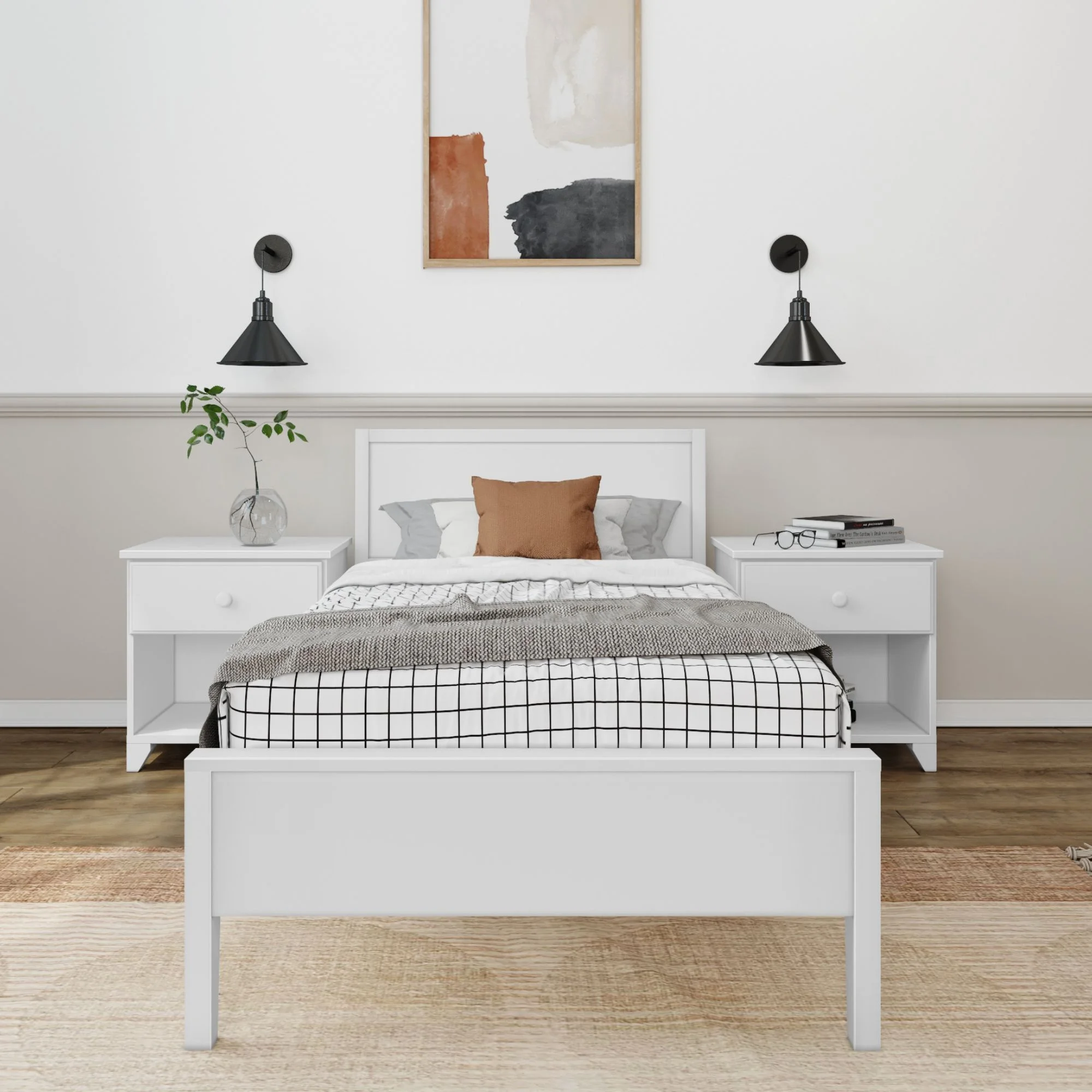 Plank+Beam Solid Wood Twin Bed Frame with Headboard, Modern Platform Bed for Adults, White