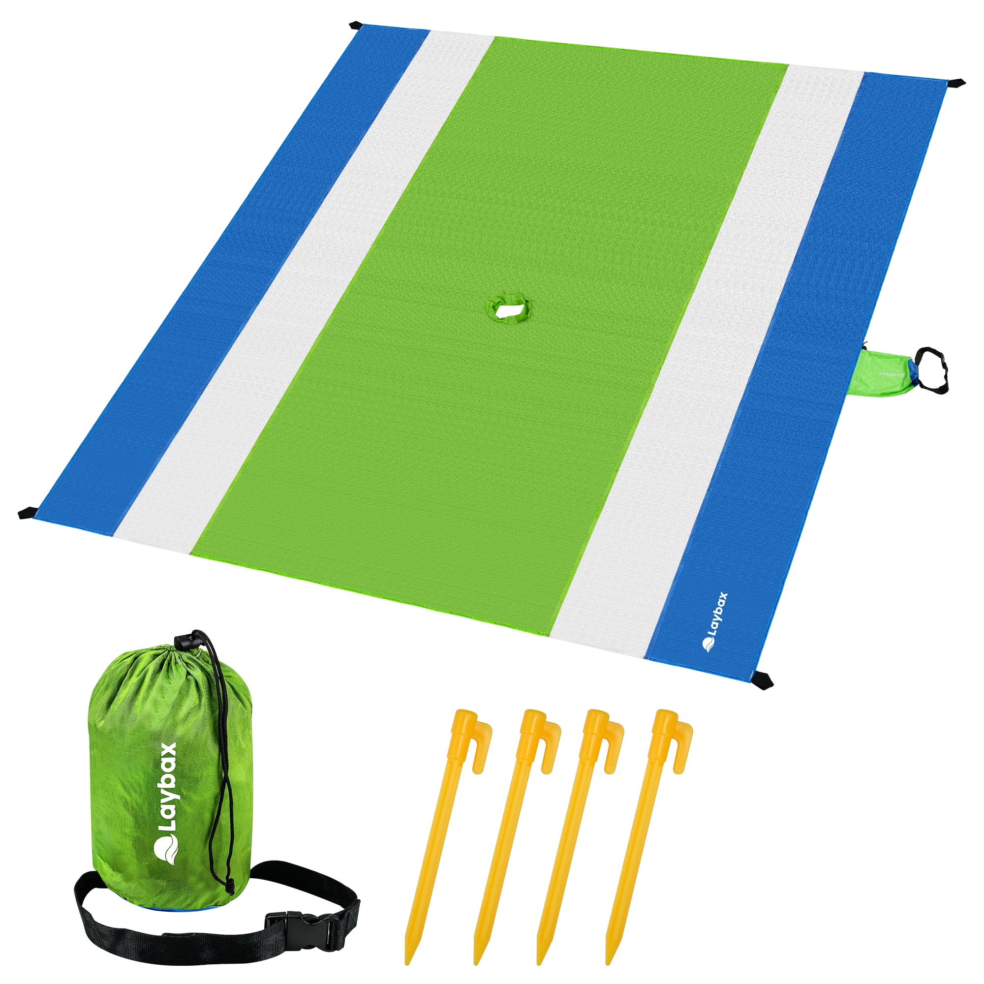 Laybax 9x10 Foot Green Beach Blanket with Retractable Umbrella Hole, Sand Pocket, and Stakes
