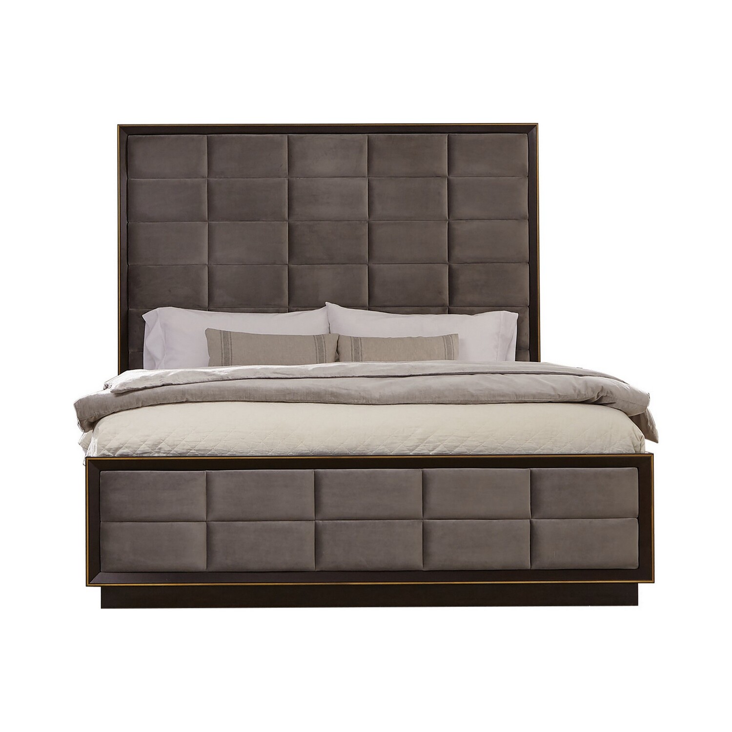 Benjara  Rectangular Tufting On Gray Upholstery Vaulted Headboard Oslo King Size Bed, Gray Brown
