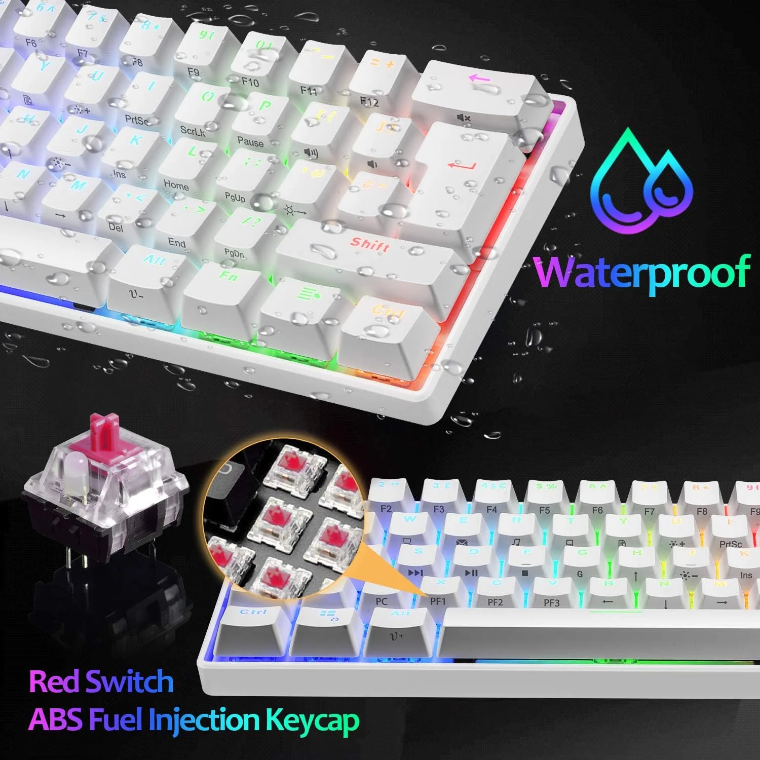 UK Layout 60% True Mechanical Gaming Keyboard Type C Wired 62 Keys LED Backlit USB Waterproof Keyboard 14 Chroma RGB Backlight Full Anti-ghosting Keys for Computer/PC/Laptop/MAC (White/Red Switch)