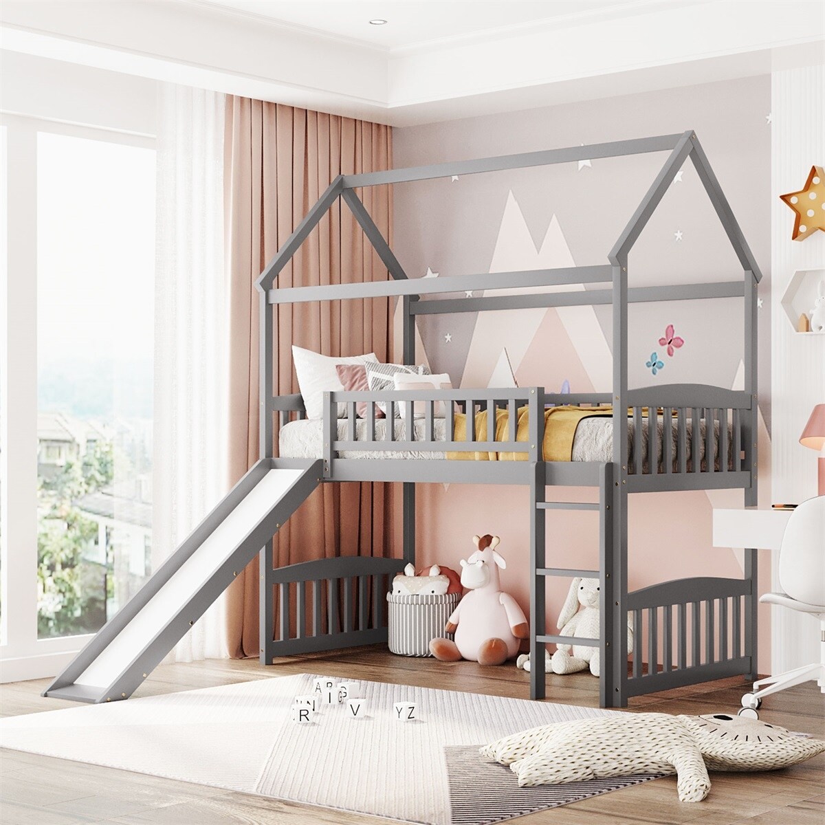 MERAX  Twin House Bed Loft Bed with Slide Grey