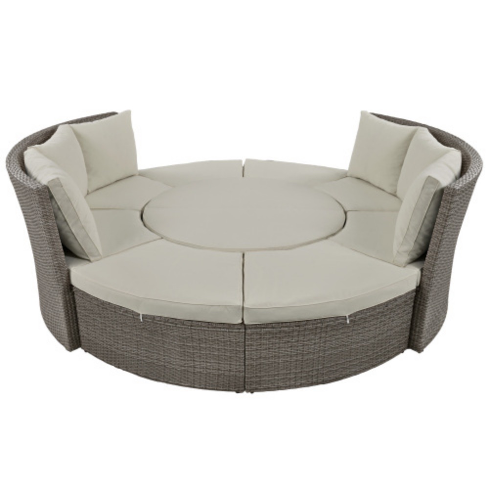 TOPMAX Patio 5-Piece Round Rattan Sectional Sofa Set All-Weather PE Wicker Sunbed Daybed with Round Liftable Table and Washable Cushions for Outdoor Backyard Poolside  Gray + Rattan + Foam