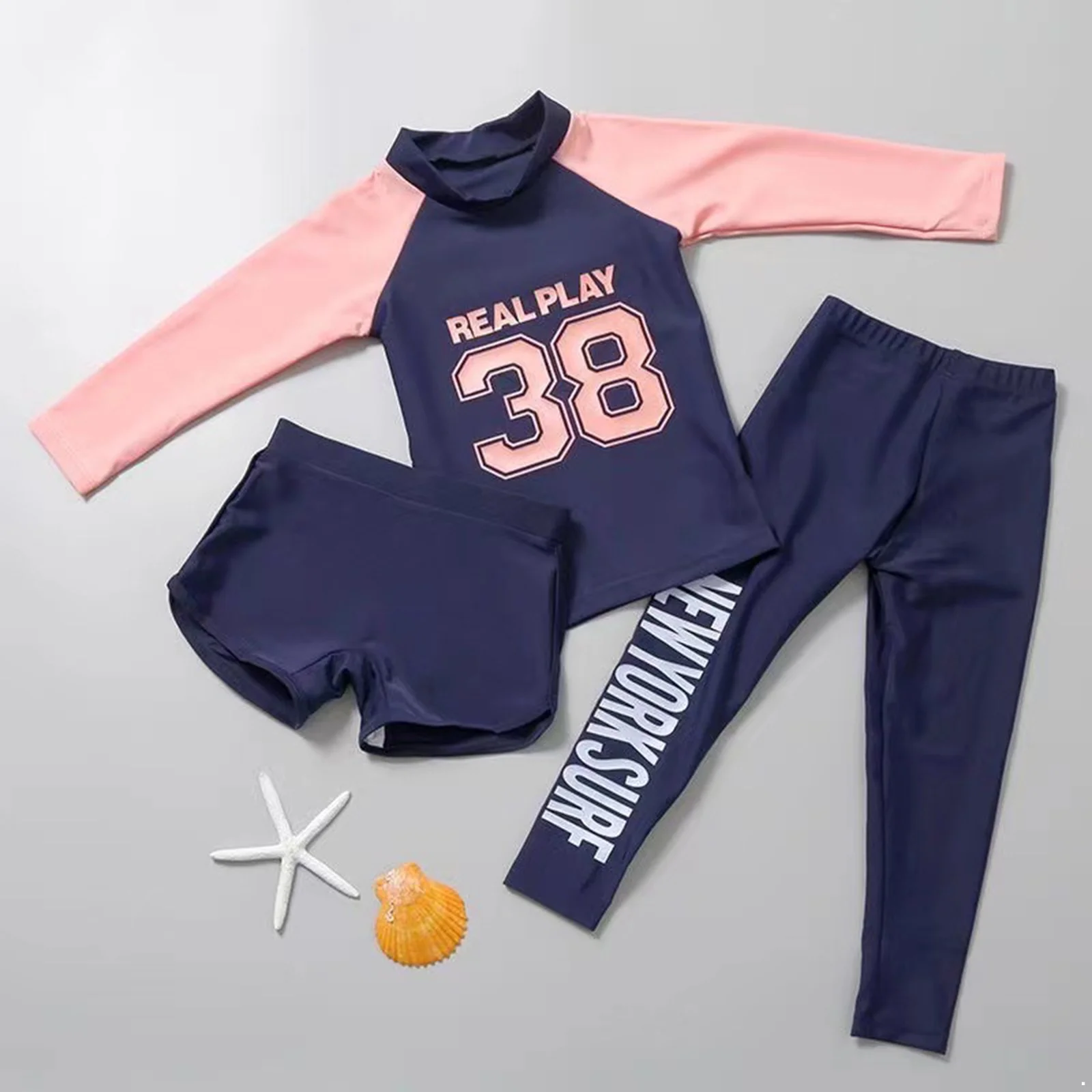 YONGHS Girls 3Pcs Long Sleeve Swimwear UPF 50+ Swimsuit for Diving Snorkeling Surfing Navy Blue 8-10