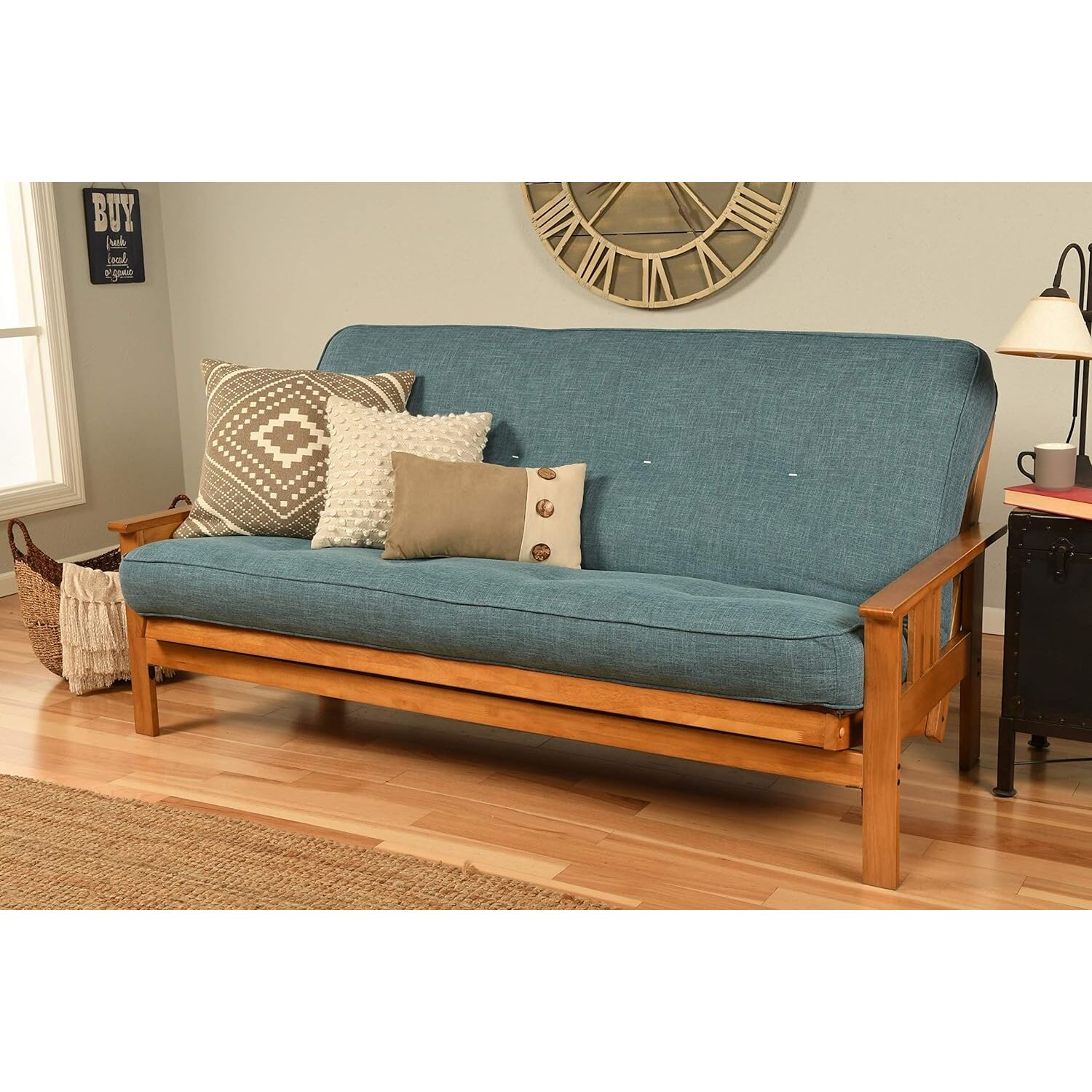 Homestock Retro Renaissance Futon Frame-Butternut Finish-Linen Aqua Mattress