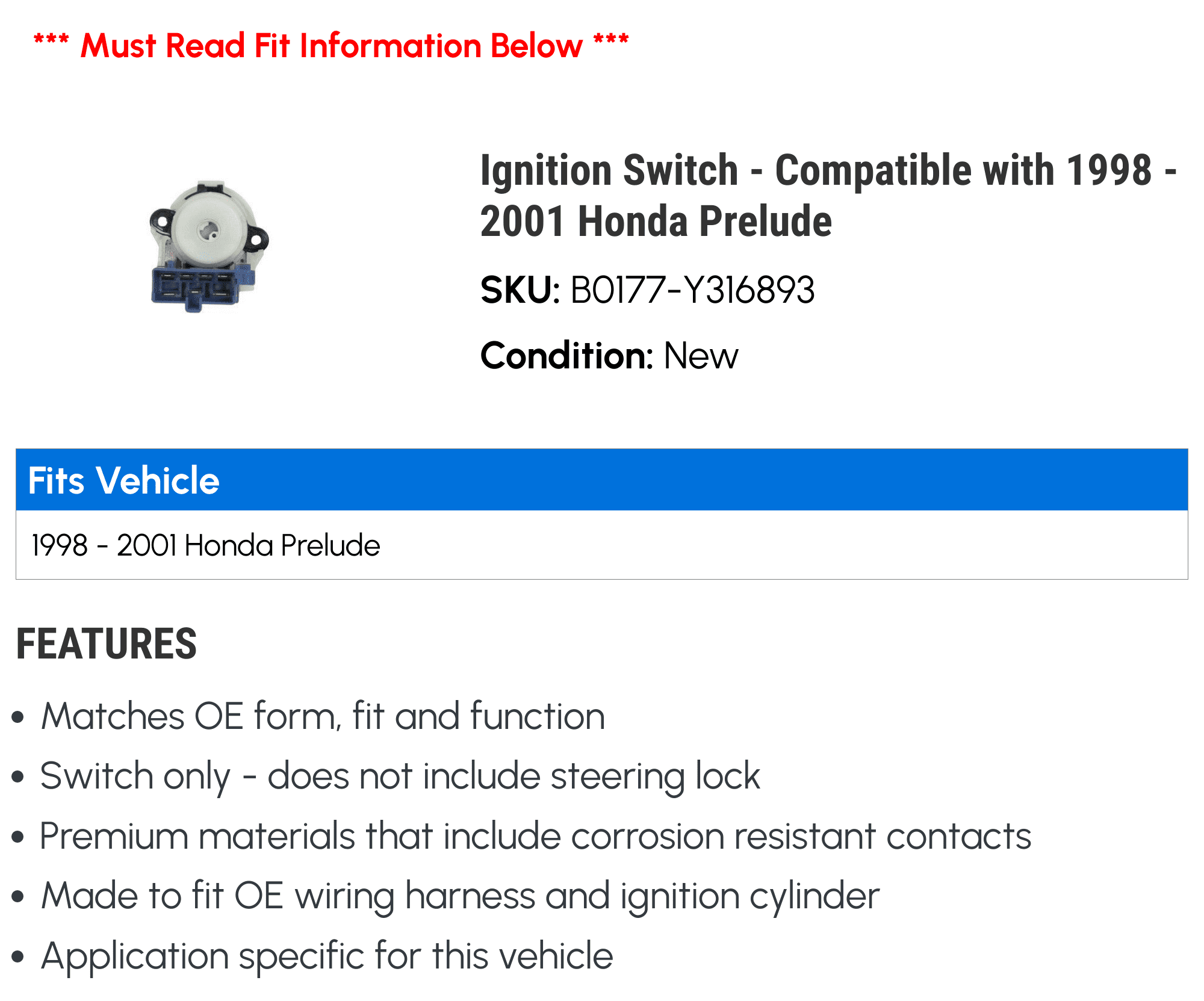 Ignition Switch - Compatible with 1998 - 2001 Honda Prelude 1999 2000