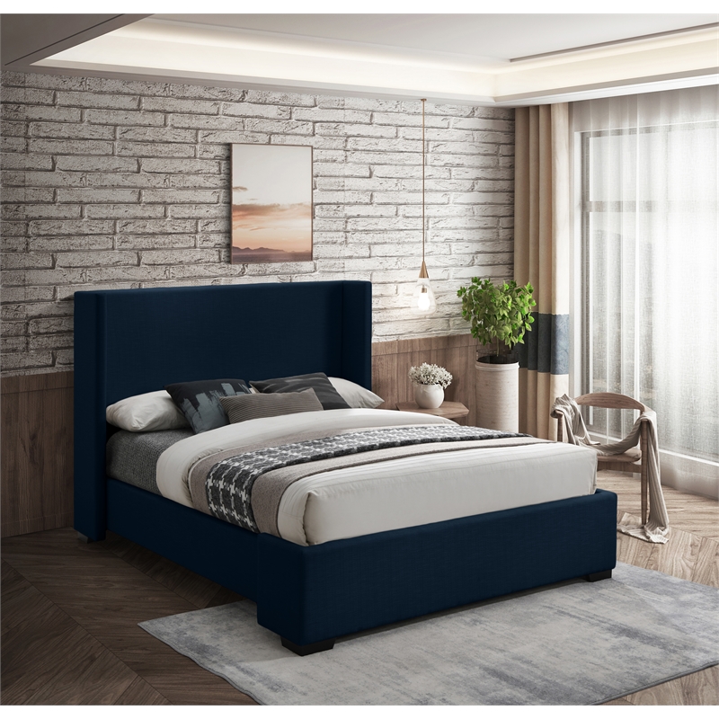 Meridian Furniture Oxford Navy Linen Textured Fabric Queen Bed