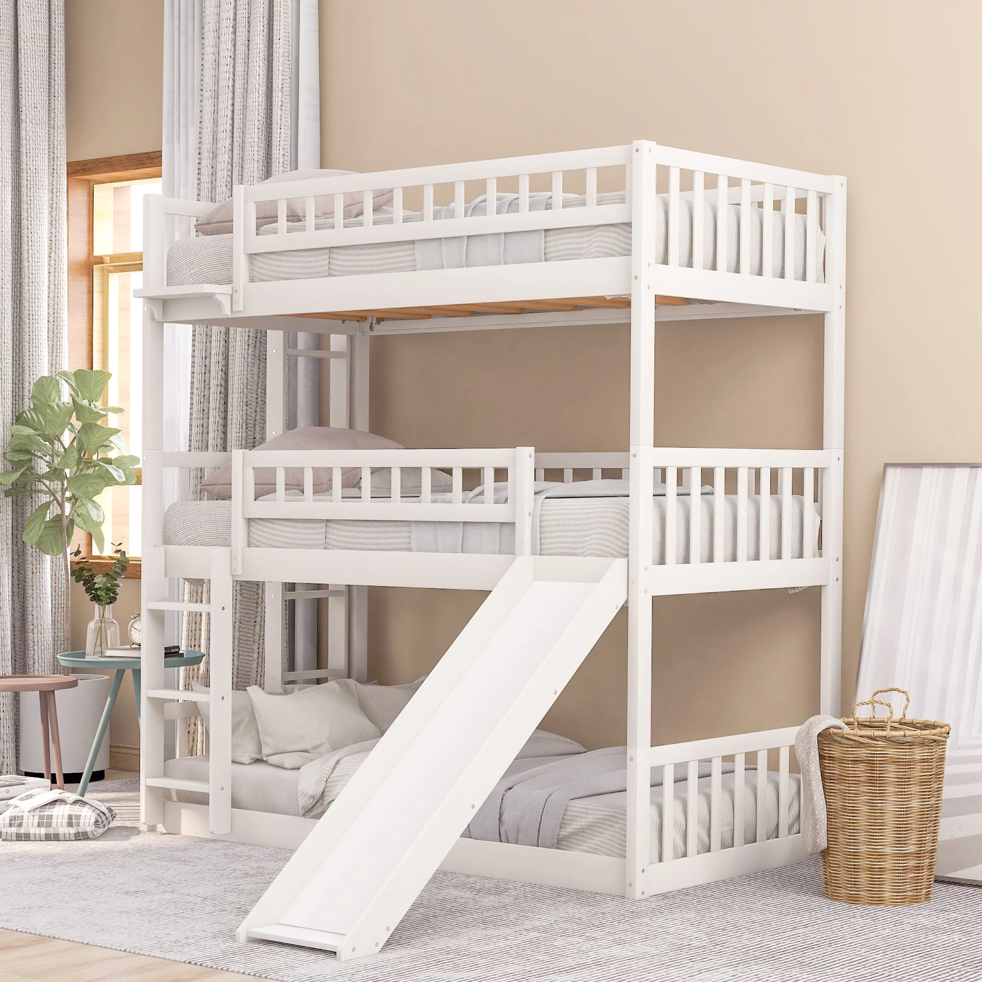 White Twin-Over-Twin-Over-Twin Triple Bunk Bed with Built-in Ladder and Slide，Guardrails
