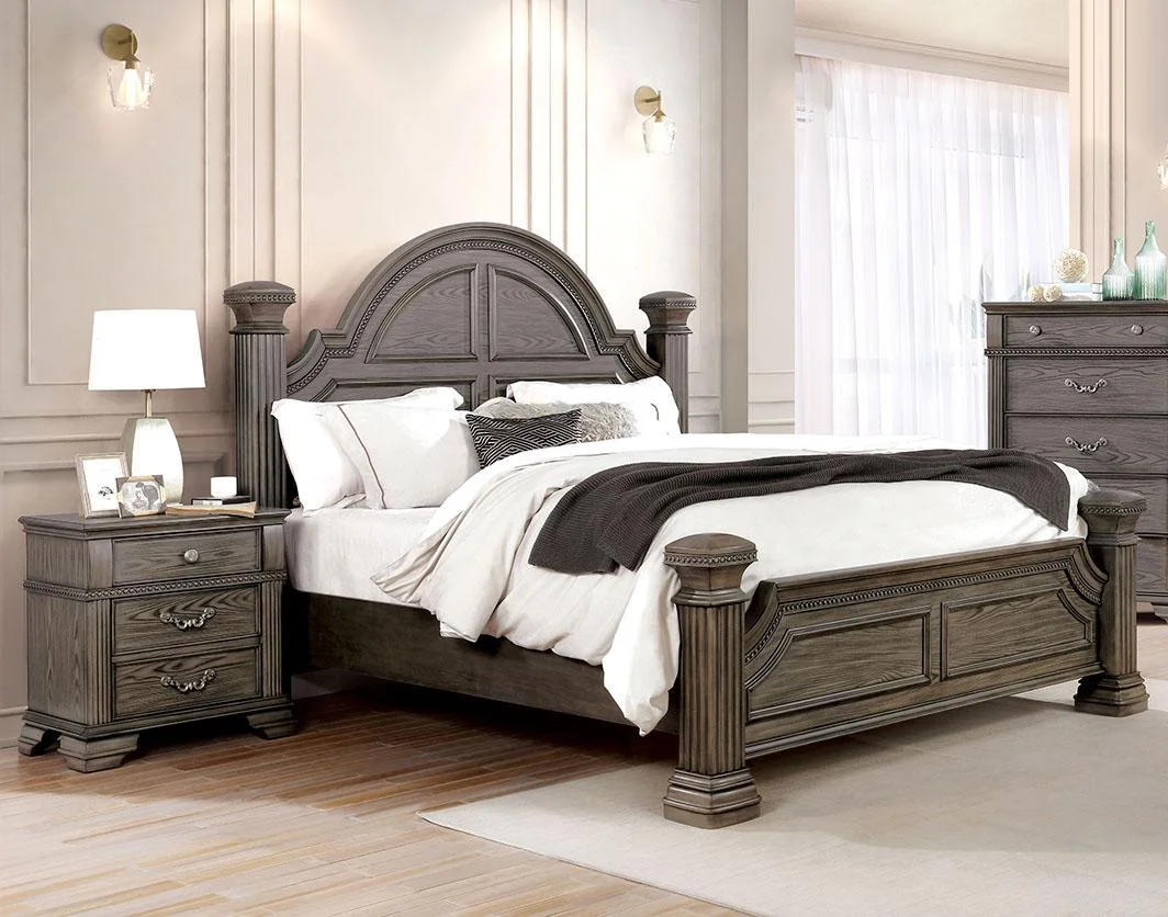 Formal Traditional Style 3pc Bedroom Set Solid Wood Antique Gray Est King Size Bed 2x Nightstand w USB Furniture Arched HB