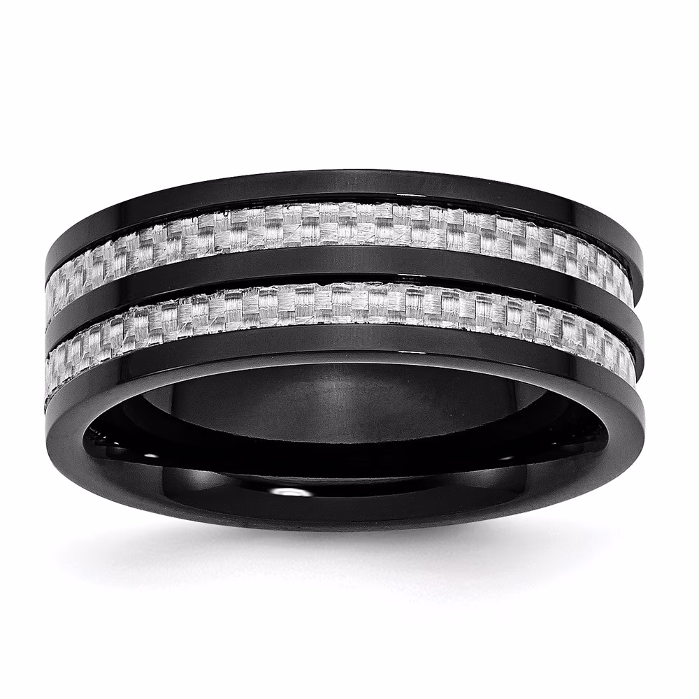 Auriga Stainless Steel 8 mm Black IP-plated with Grey Carbon Fiber Inlay Band for Women Size 10