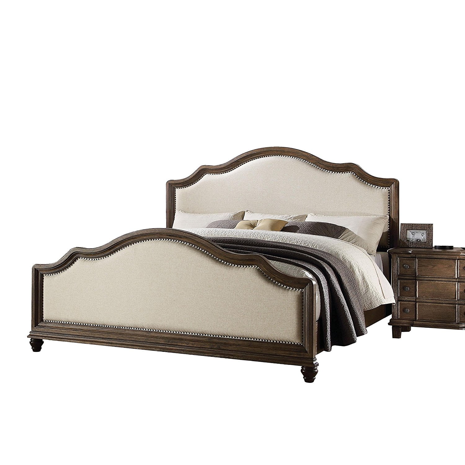 HomeRoots 285904 59 x 88 x 66 in. Baudouin Queen Size Bed  Beige Linen & Weathered Oak