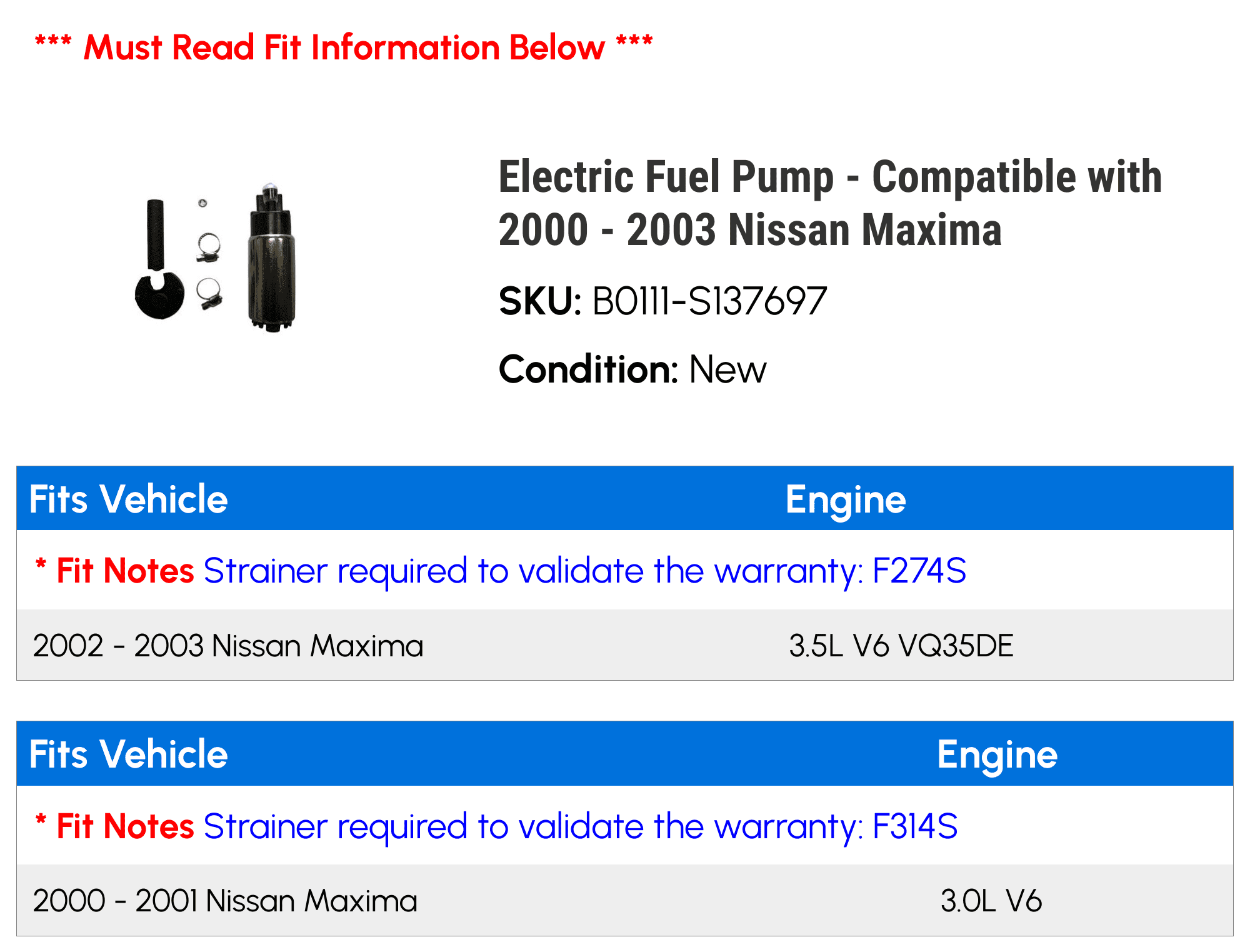 Electric Fuel Pump - Compatible with 2000 - 2003 Nissan Maxima 2001 2002