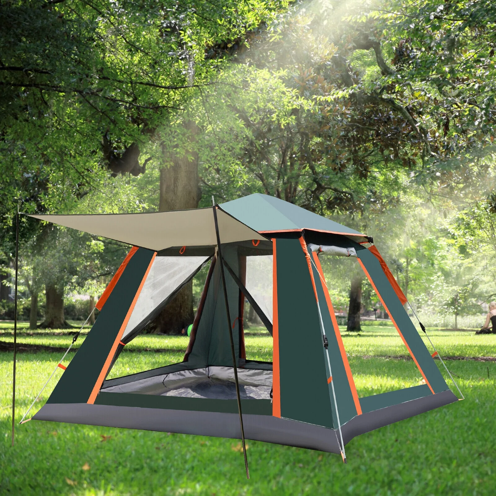 SHANNA Camping Tent 3-4 Person Family Tents with Shelter, Automatic Pop Up Tent Portable Instant Tent Waterproof Windproof for Camping, Traveling, Hiking, Outdoor, Green