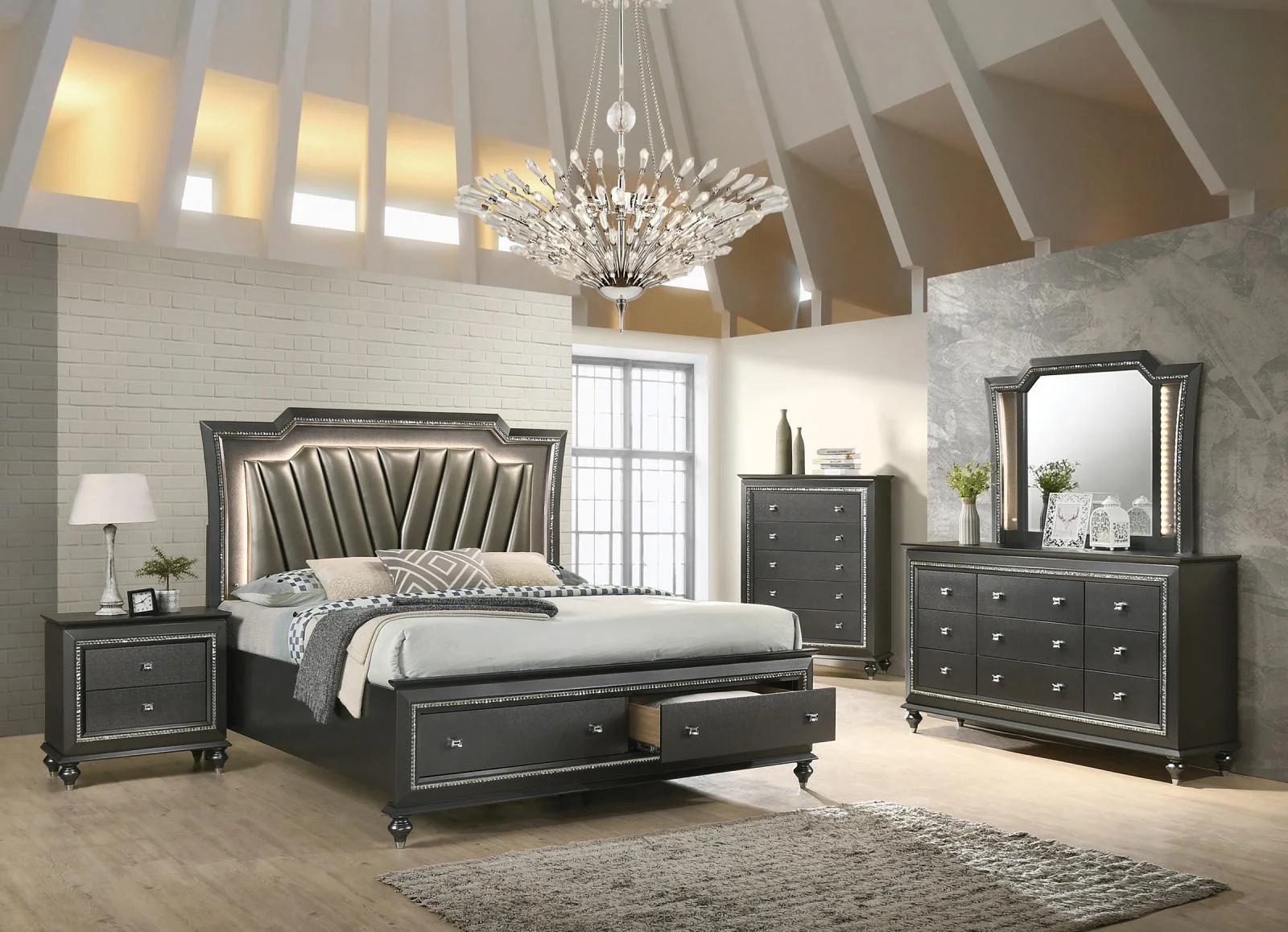 Glam King Storage Bedroom Set 5 w/Chest w/LED Metallic Grey&nbsp;27277EK Kaitlyn Acme