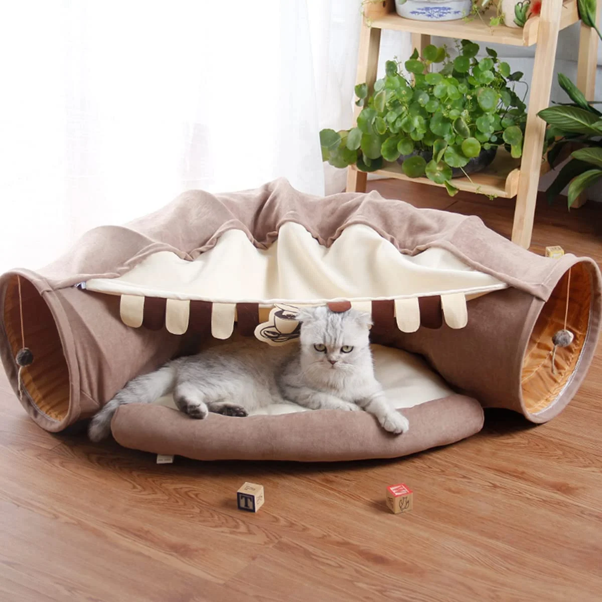 Best Collapsible Cat Tunnel Bed for Indoor Cats, Washable Cat Hide Tunnel with Hanging Toys and Cushion Mat, Coffee
