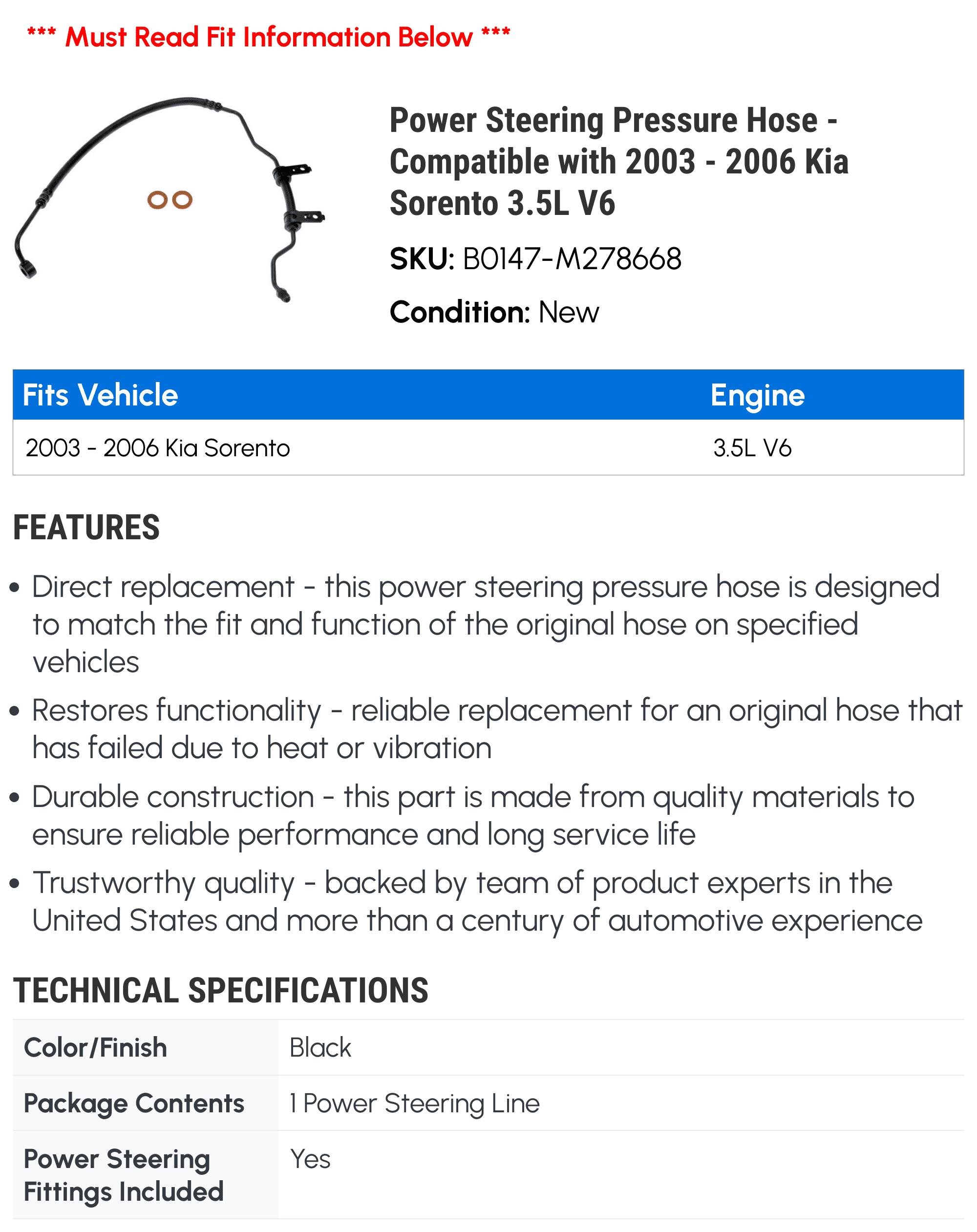 Power Steering Pressure Hose - Compatible with 2003 - 2006 Kia Sorento 3.5L V6 2004 2005