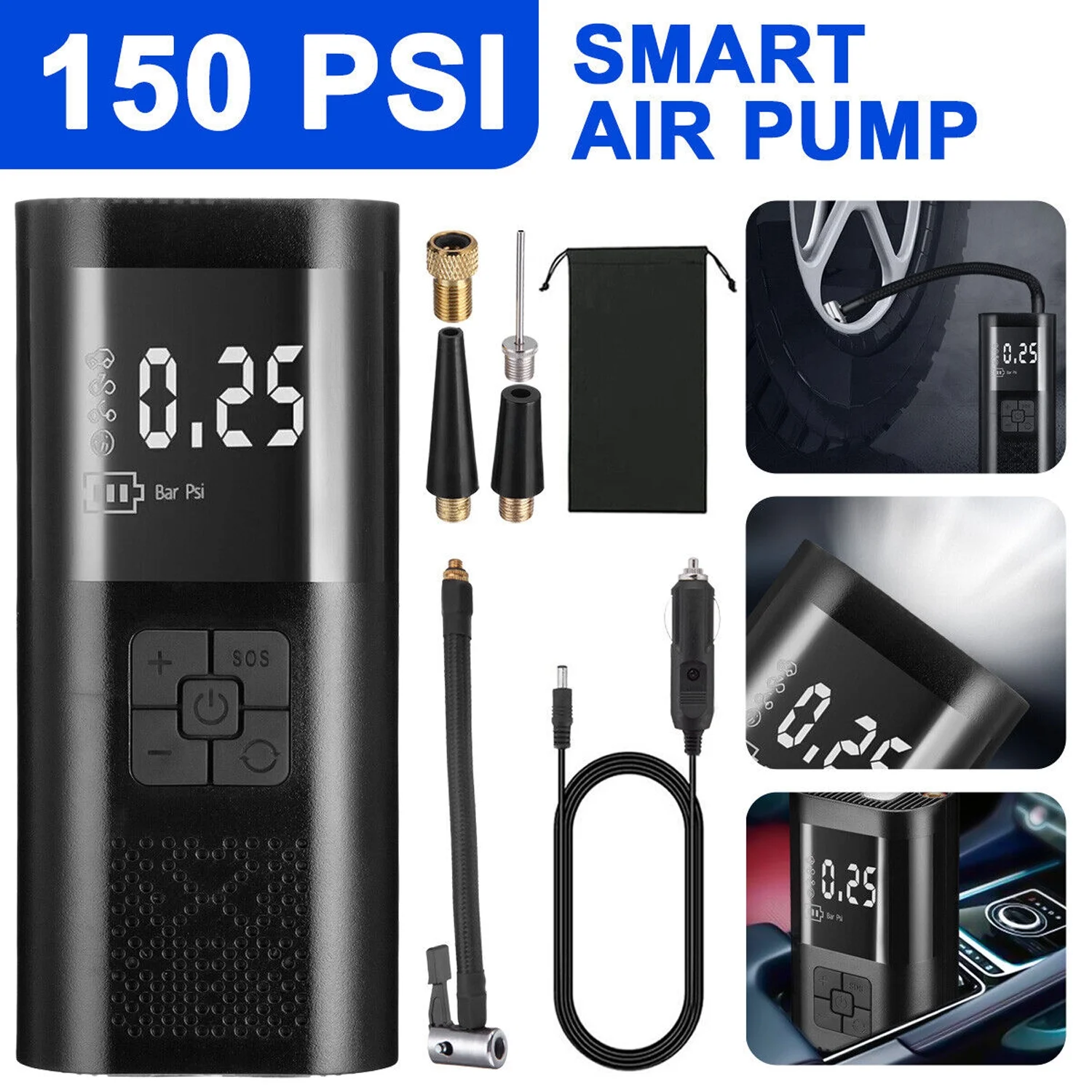 150PSI Wired Car Digital Electric Tire Inflator Portable LCD Air Pump Compressor 12V