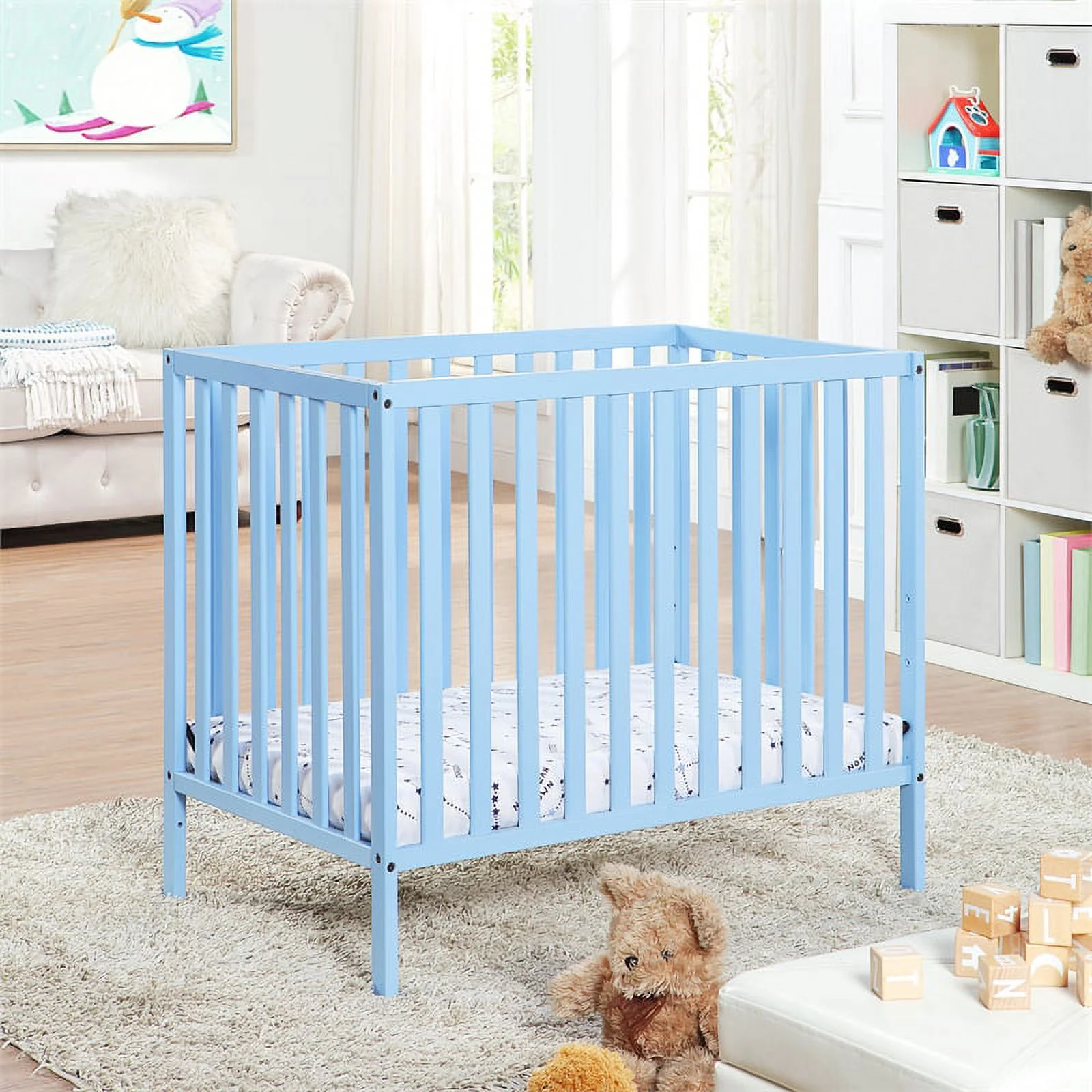 Suite Bebe Palmer Contemporary Wood Mini Crib with Mattress Pad in Baby Blue