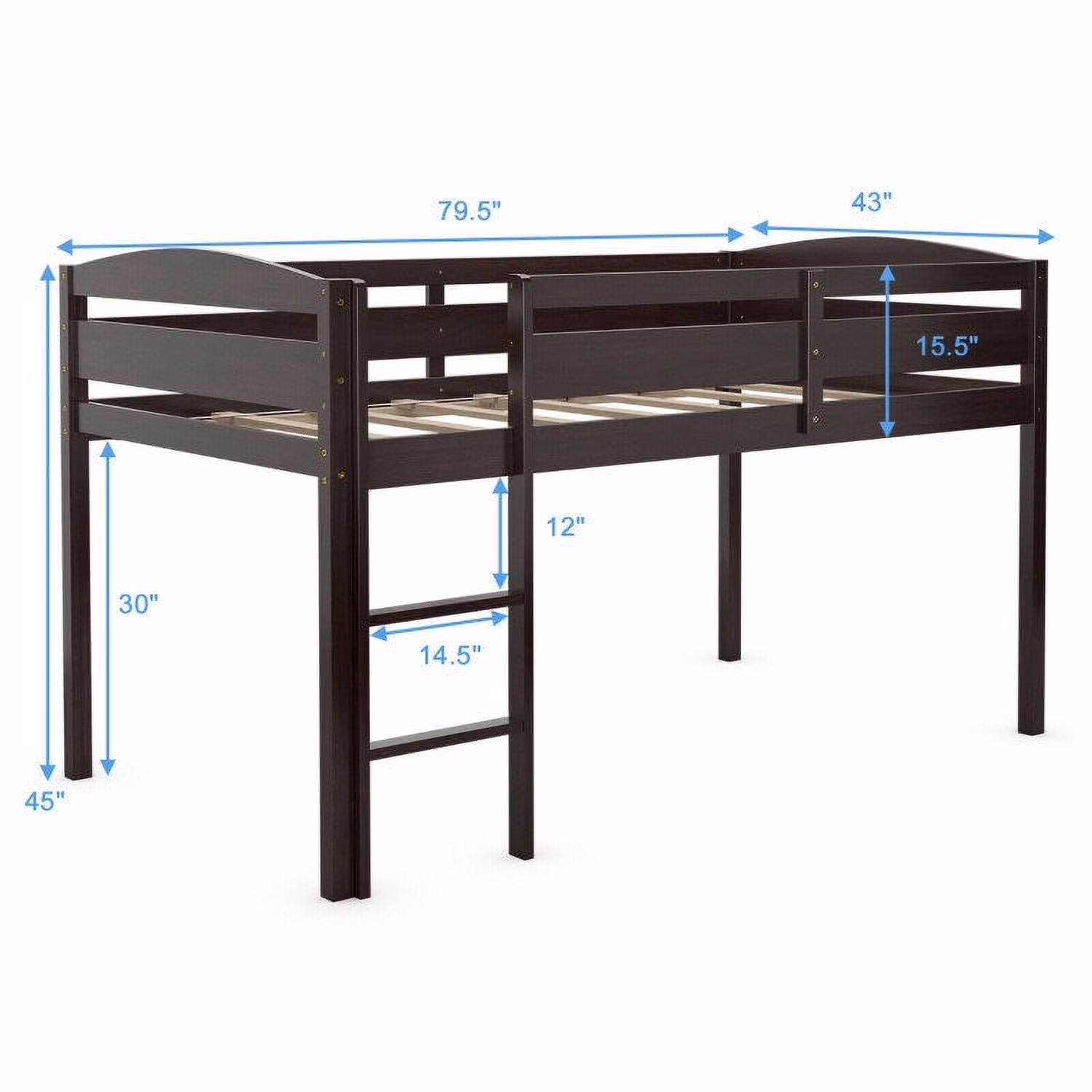 Wooden Twin Low Loft Bunk Bed with Guard Rail and Ladder