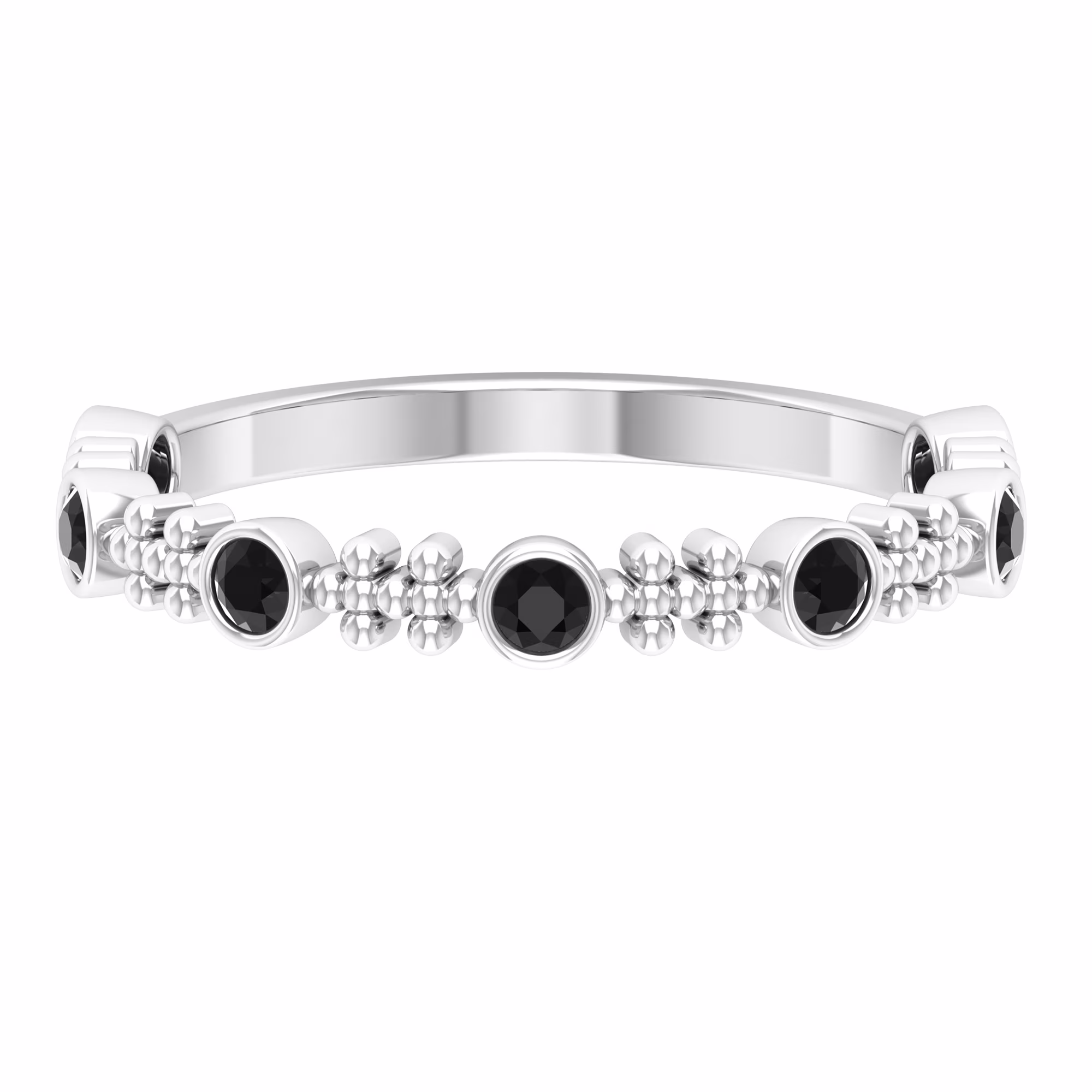 1/4 CT Bezel Set Black Diamond and Gold Beaded Stackable Ring, 925 Sterling Silver, US 4.00