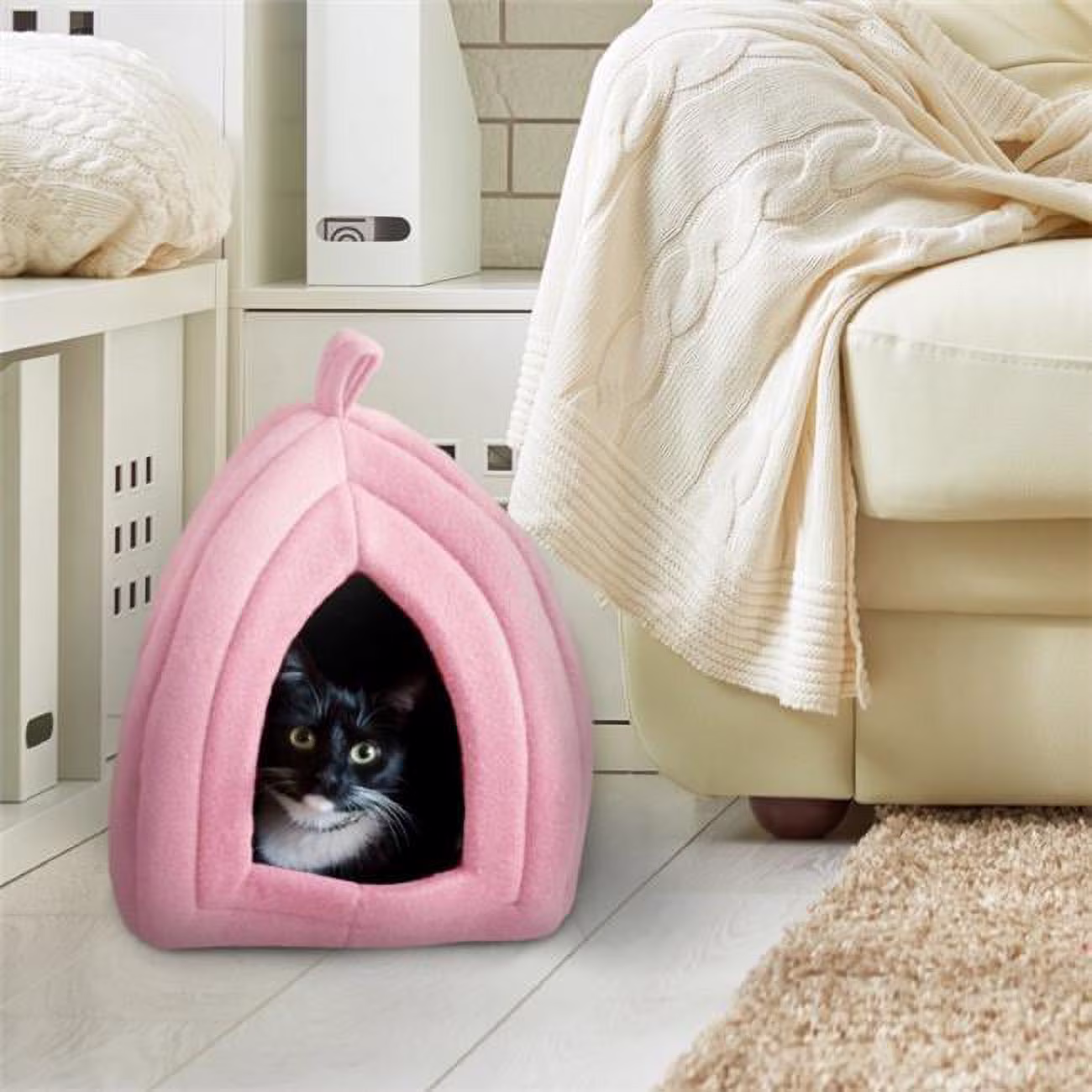 Cat Pet Bed Igloo Soft Indoor Enclosed Covered Tent & House for Cats Kittens & Small Pets with Removable Cushion Pad - Pink
