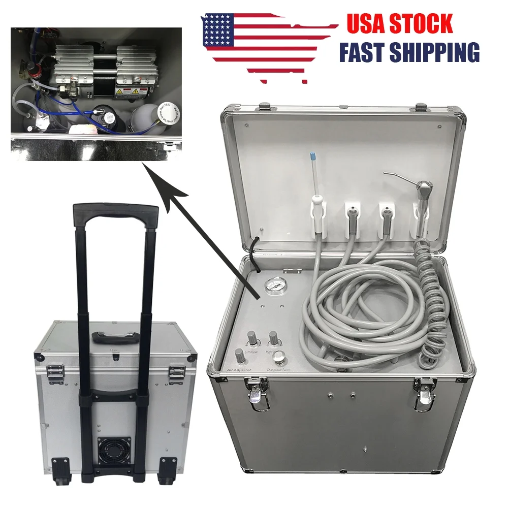 Portable Mobile Dental Delivery Unit Treatment Rolling Case 550W 3 Way Syringe Suction System Air Compressor 4 Hole