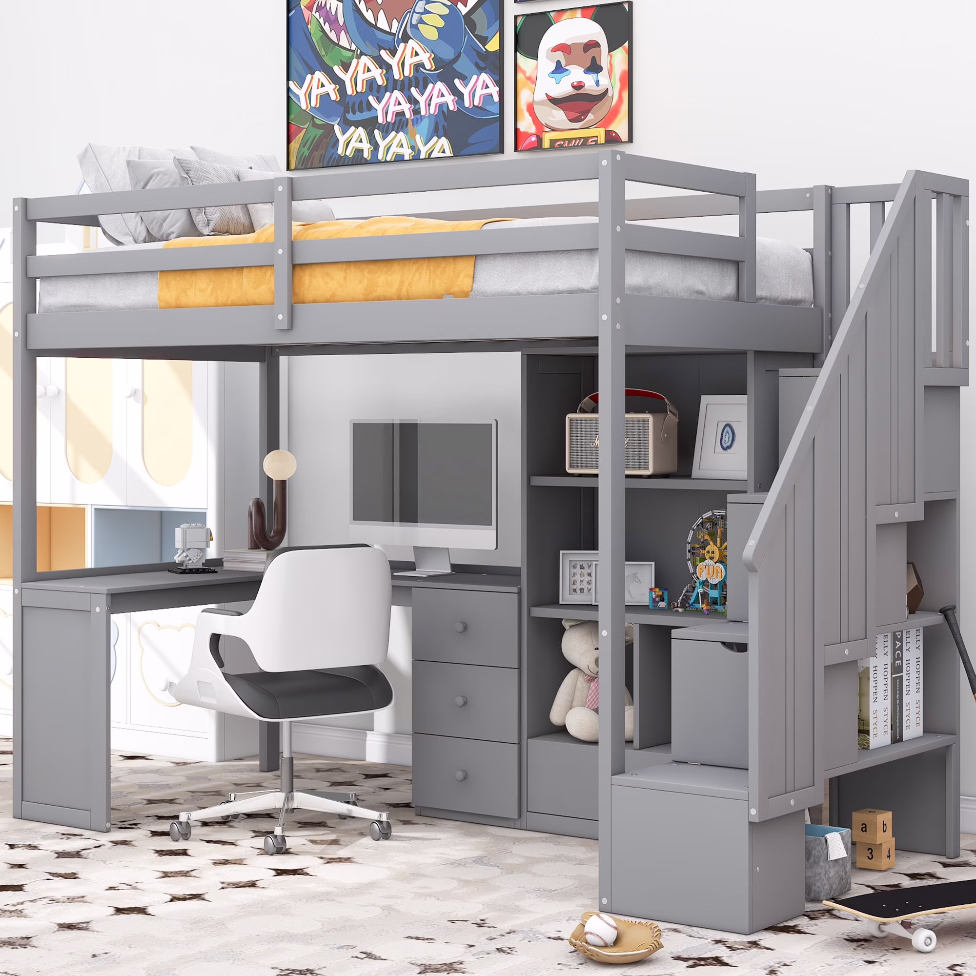 CoSoTower Twin Size Loft Bed with L-Shaped Desk and Drawers, Cabinet and Storage Staircase, Gray