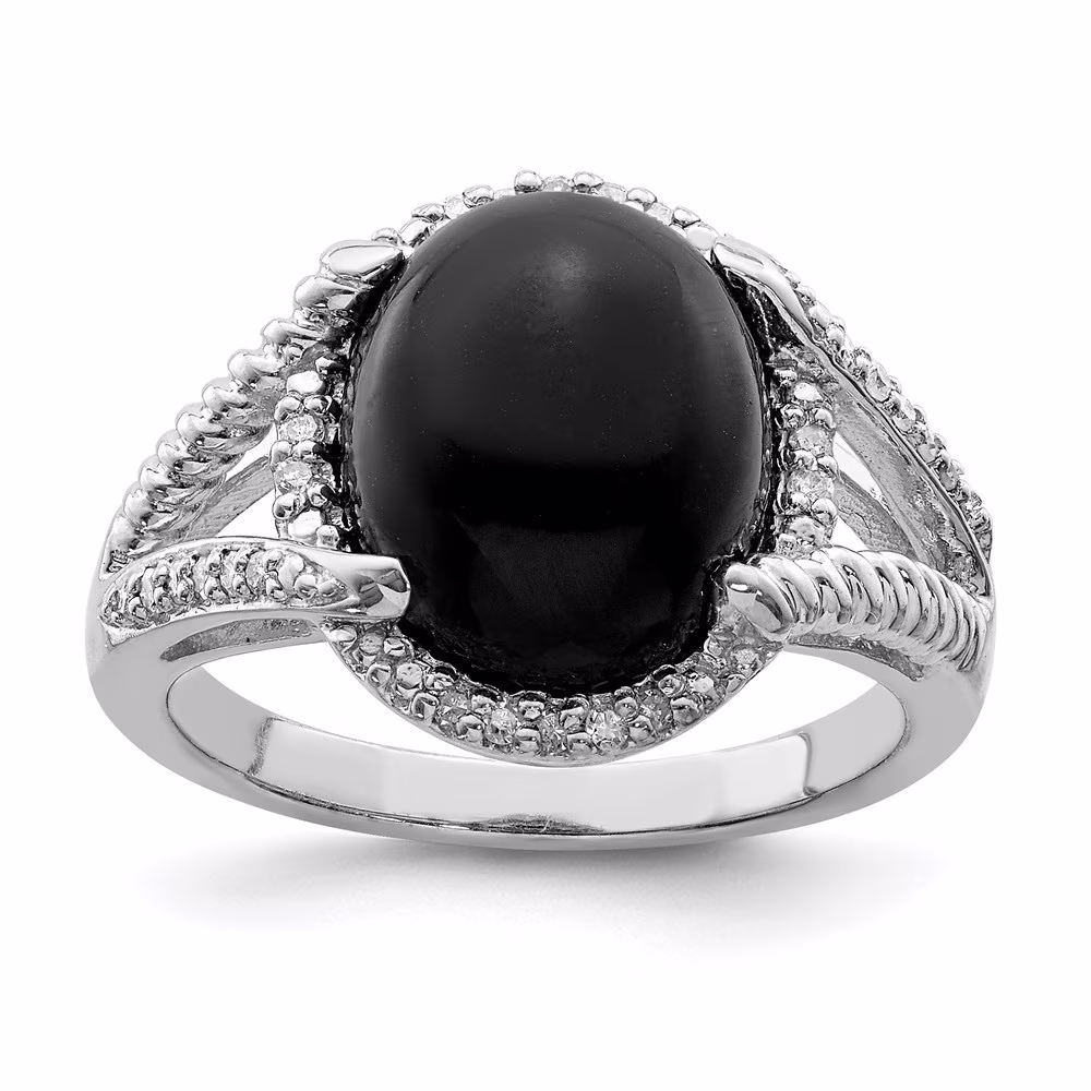 Auriga 925 Sterling Silver Rhodium Plated Oval Onyx and Diamond Solitaire Ring Size 7 for Women