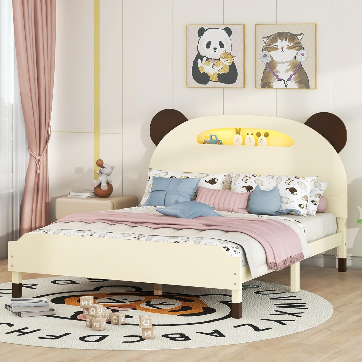 Full Size Wood Platform Bed With Bear-Shaped Headboard,Kids Bed With Activated Night Lights For Teens, Boys & Girls (Cream+Walnut)