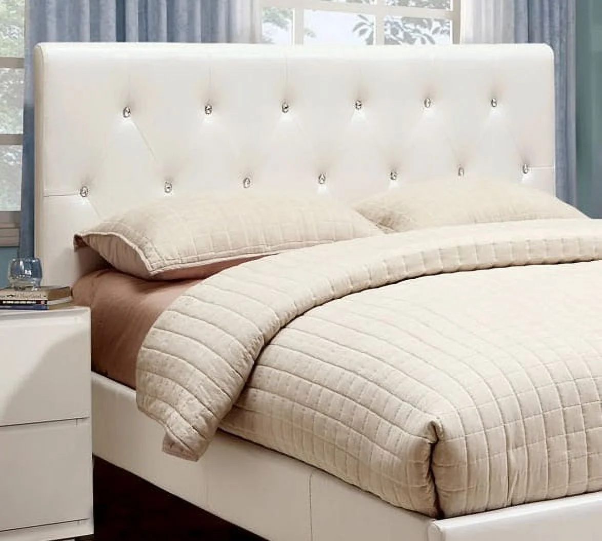 Contemporary Leatherette Padded Tufted Crystal Like Button Platform Eastern King Size Bed European Style White Color Wooden Bedroom Furniutre 1pc Bedframe