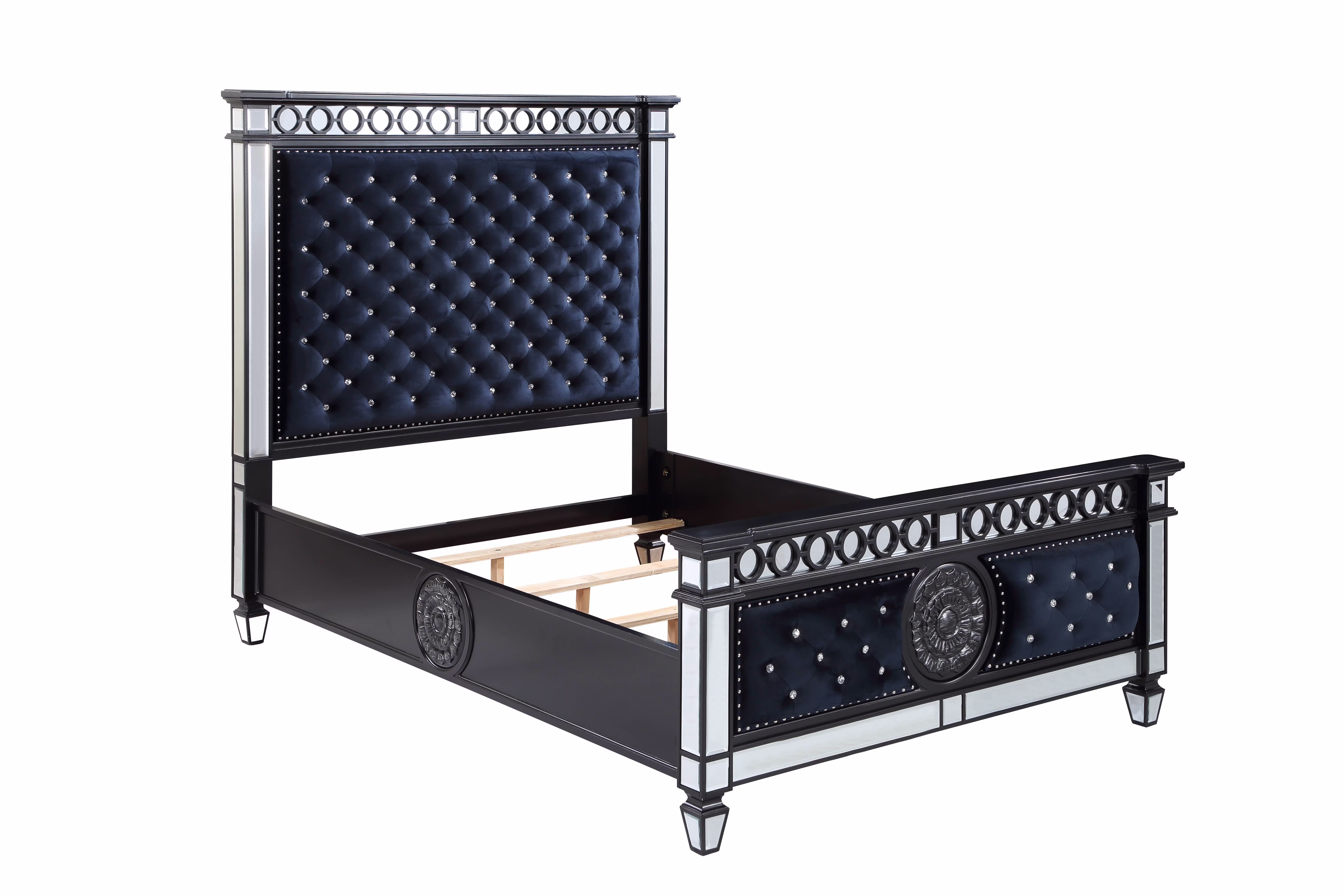 ACME Varian II Eastern King Bed in Dark Navy Velvet and Black and Silver Finish