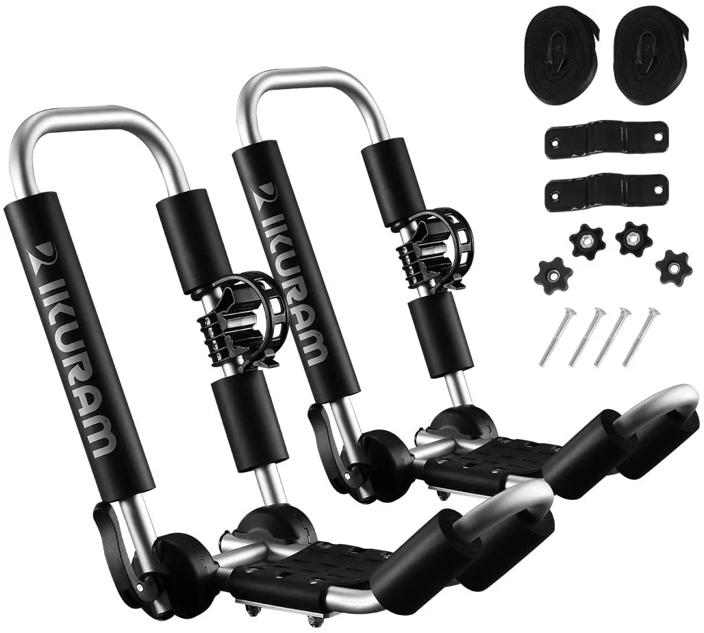 IKURAM Kayak/Surf/Ski Roof Carrier Rack of J-Style Folding Universal Field & Stream 3-in-1 Multifunction for Canoe, SUP, Kayaks, Surfboard and Ski Board Rooftop Mount on SUV, Car and Truck