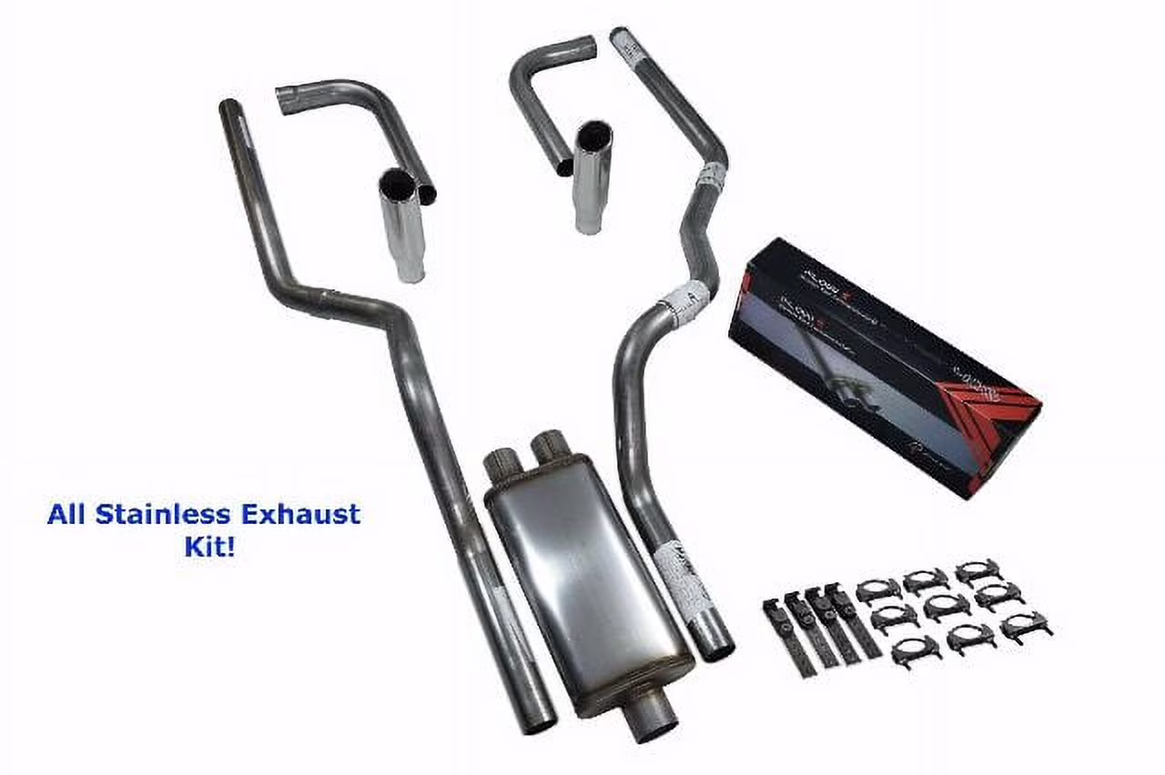 All-Stainless Dual Exhaust Kit Ford F-150 87-97 Flow II Side Rolled Tip