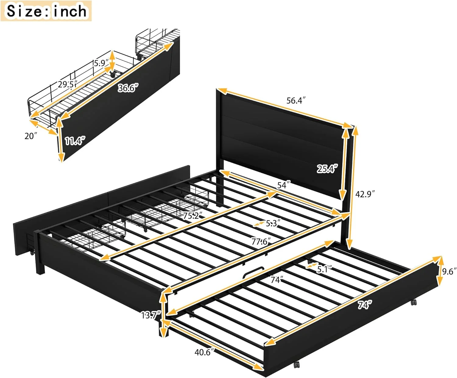 Full Metal Platform Bed Frame,Full Size Storage Platform Bed With Size Trundle And 2 Underneath The Bed Drawers,Black
